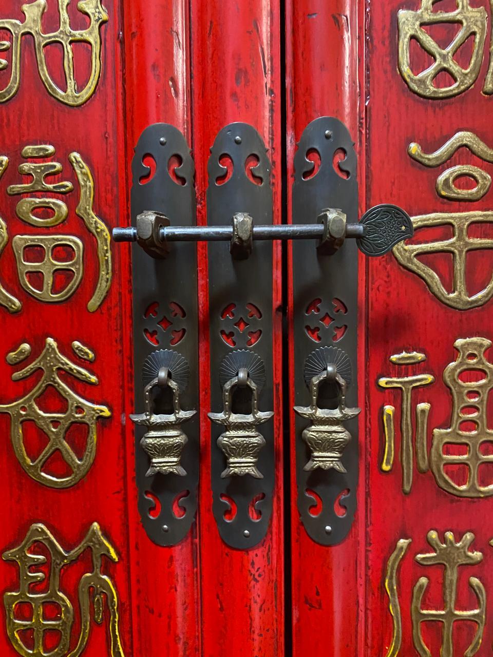 Hand-Crafted Traditional Chinese Red Wardrobe Cabinet with Gold Chinese Calligraphy For Sale