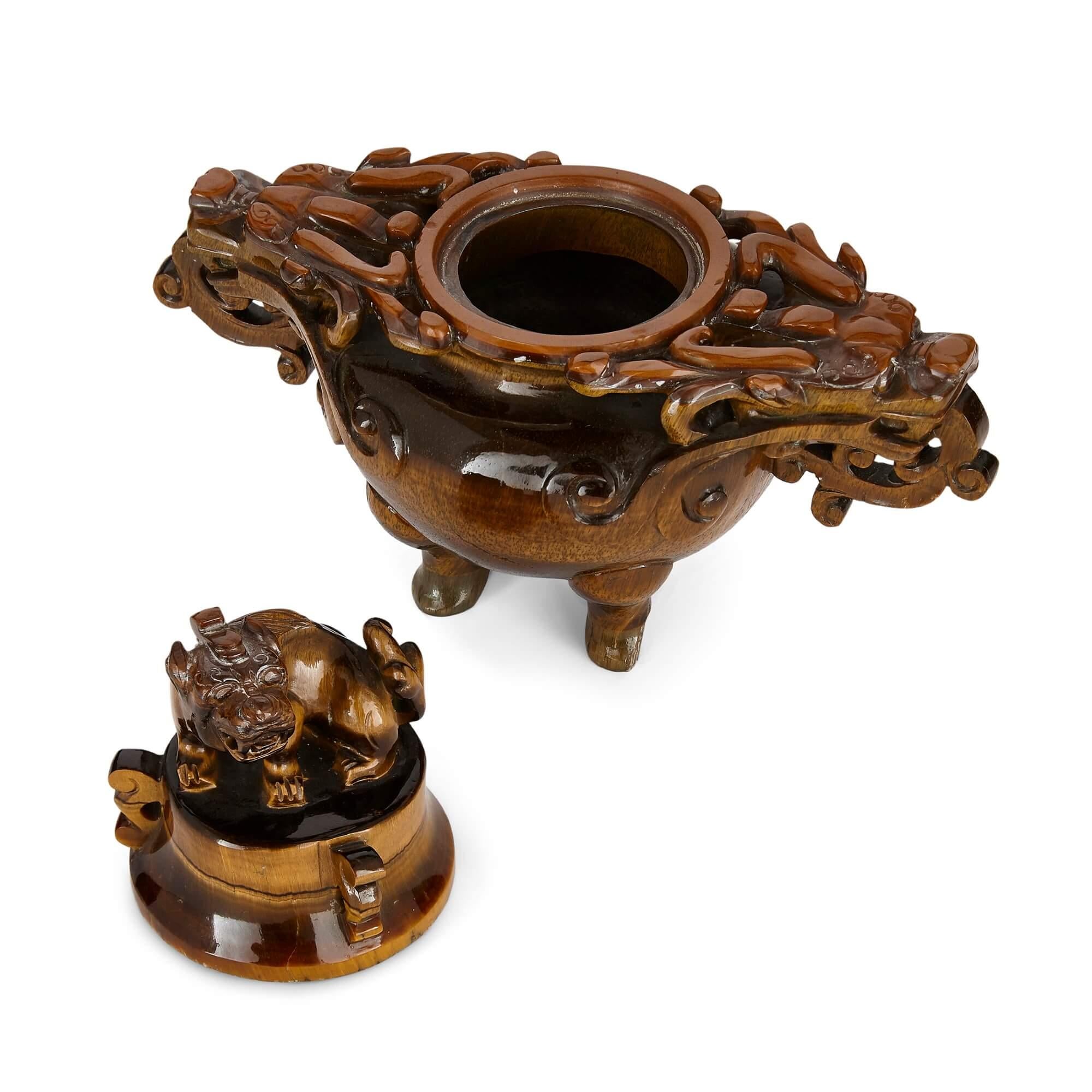 Stone Traditional Chinese Vase Carved from Tiger's Eye