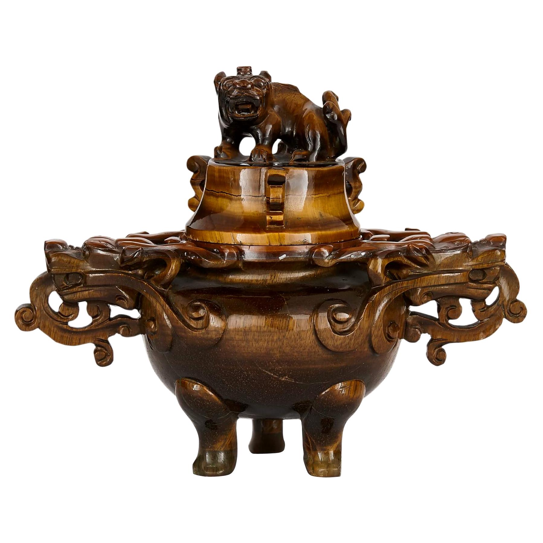 Traditional Chinese Vase Carved from Tiger's Eye