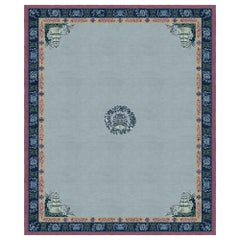 Traditional Chinoiserie Rug Blue Handmade Silk, Pagoda Blue Fade