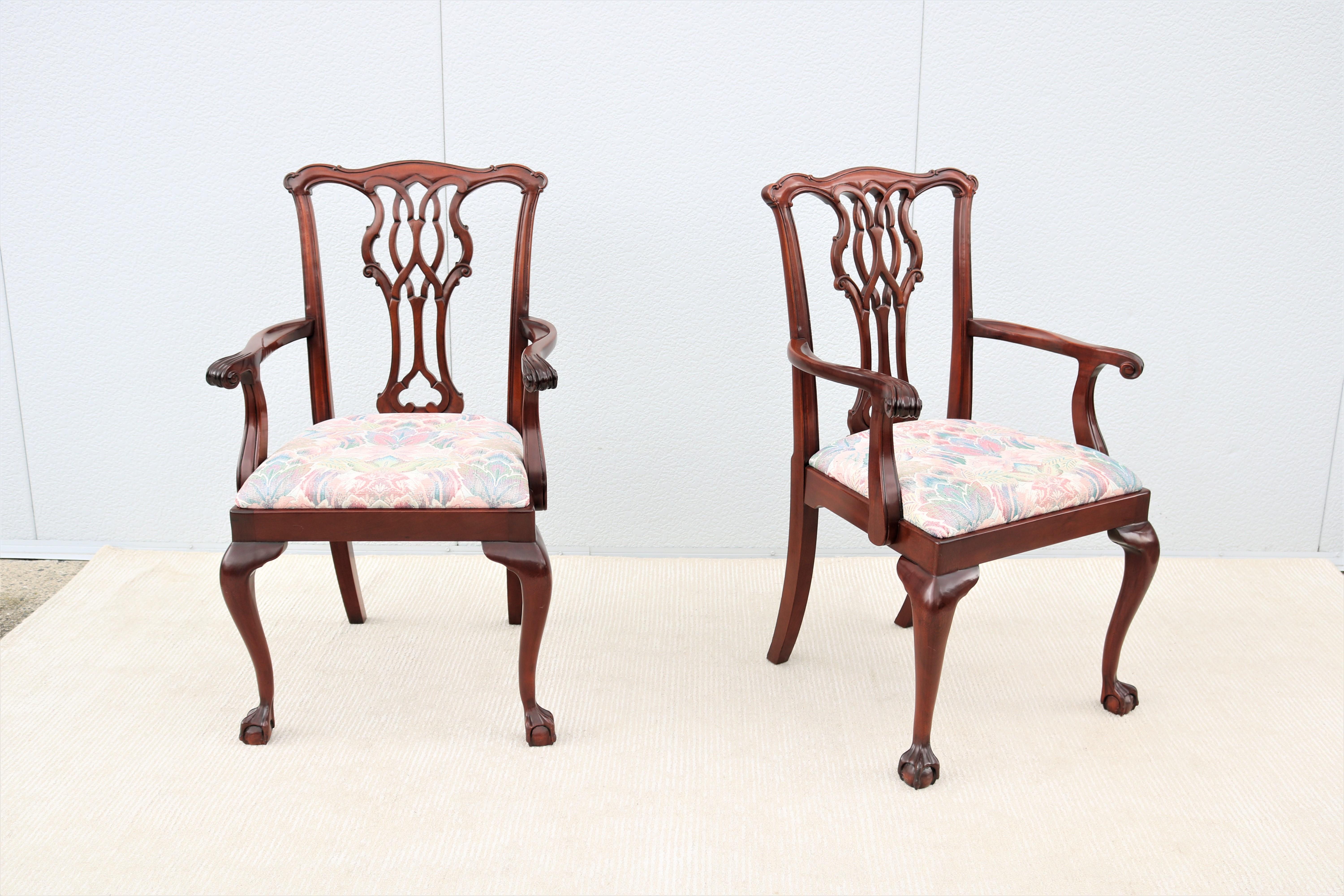 Hand-Carved Traditional Classic Chippendale Style Mahogany Armchairs by Councill - a Pair For Sale