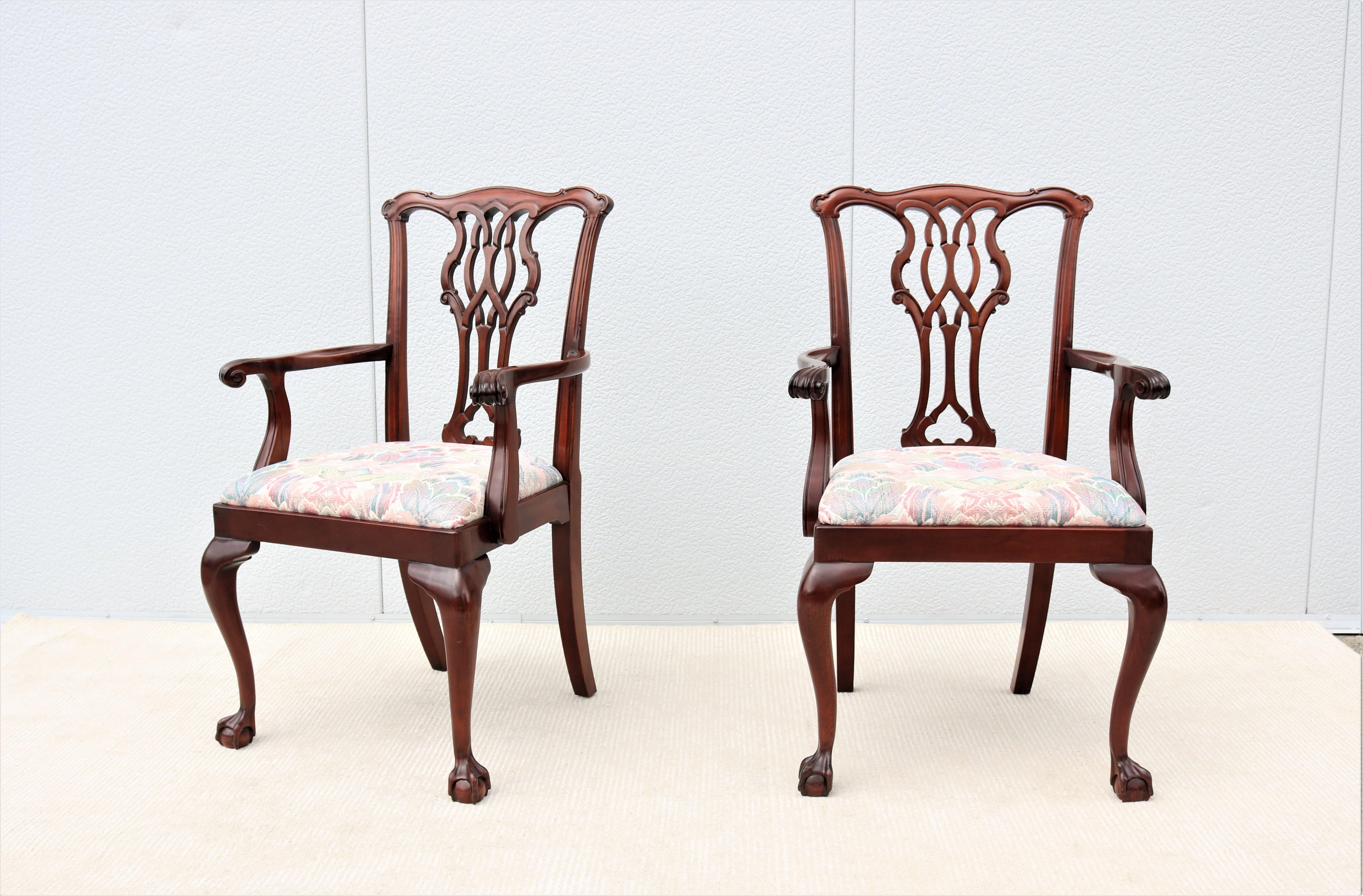 Fabric Traditional Classic Chippendale Style Mahogany Armchairs by Councill - a Pair For Sale