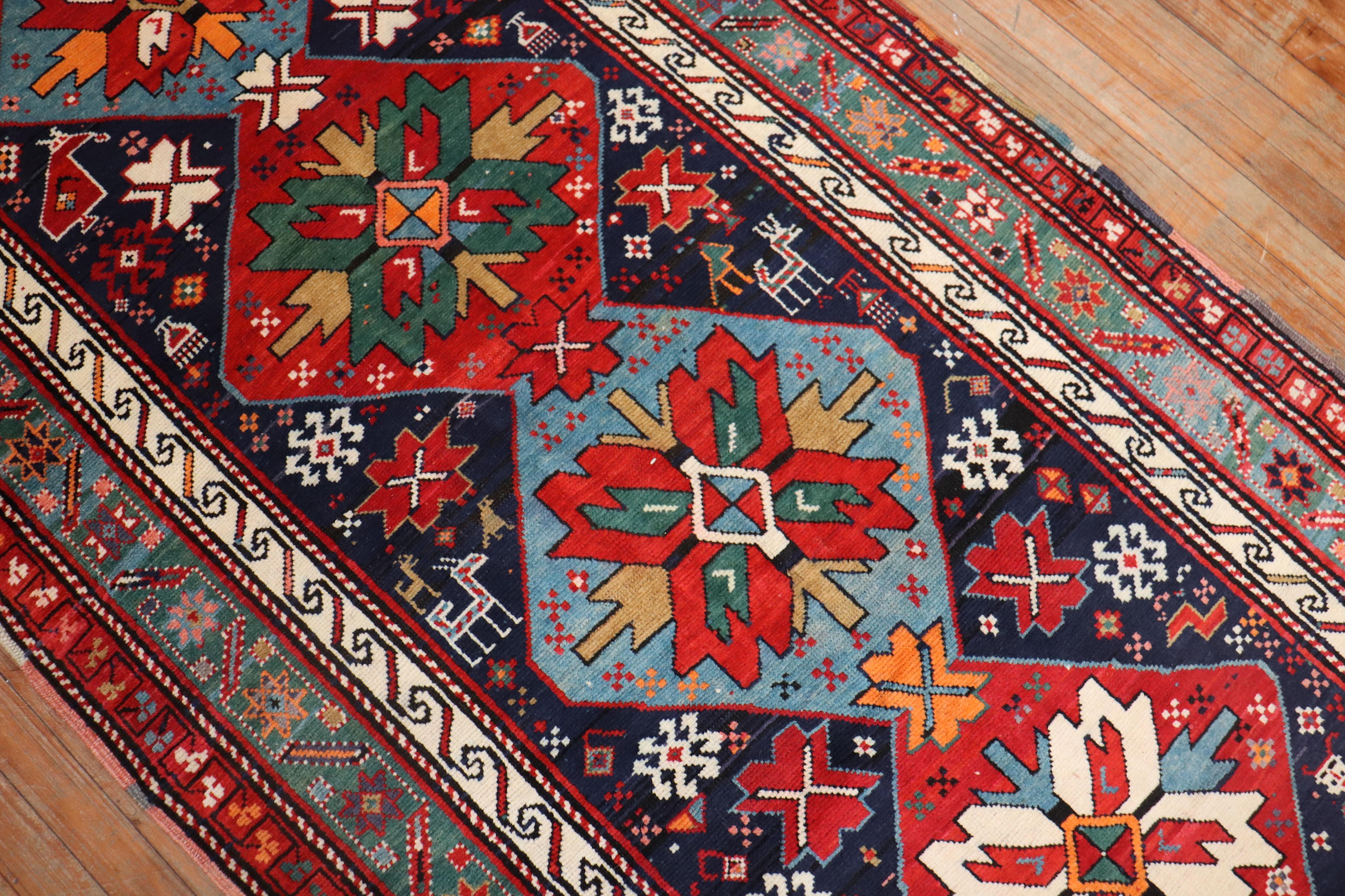 Bohemian Traditional Colorful Early 20th Century Antique Karabagh Caucasian Runner