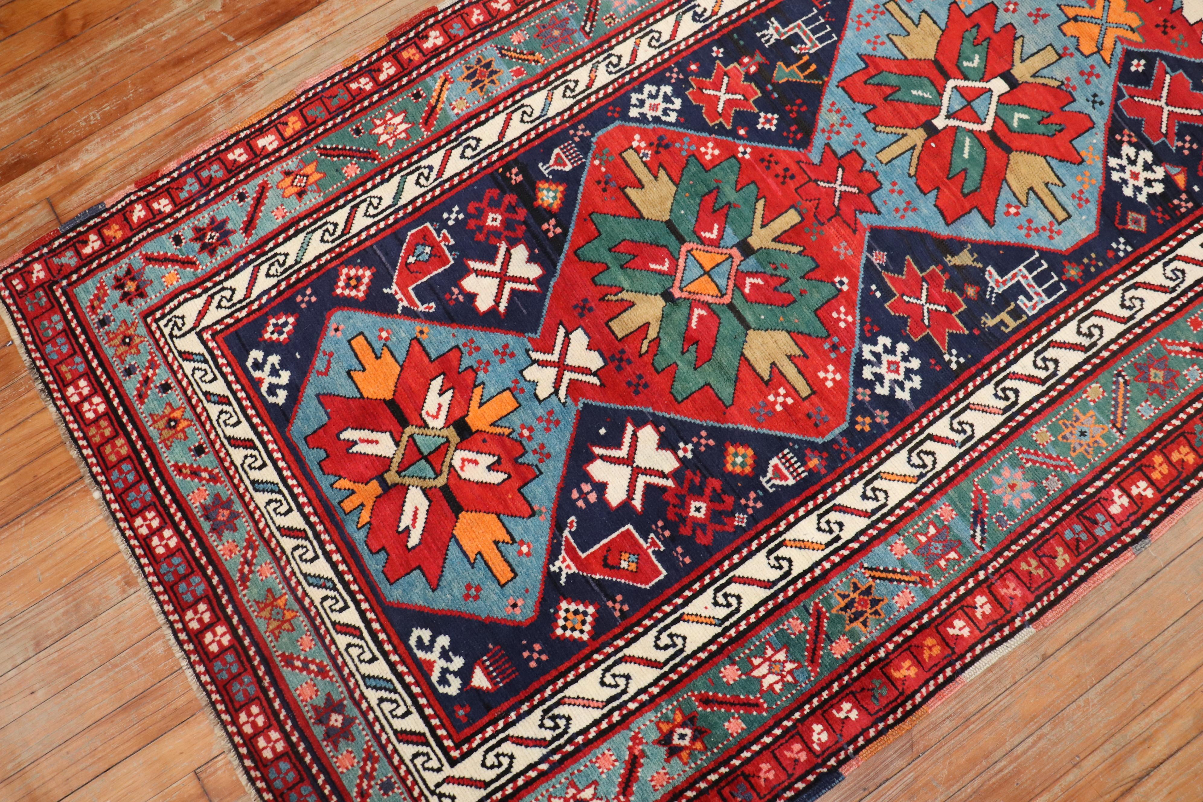 Hand-Woven Traditional Colorful Early 20th Century Antique Karabagh Caucasian Runner