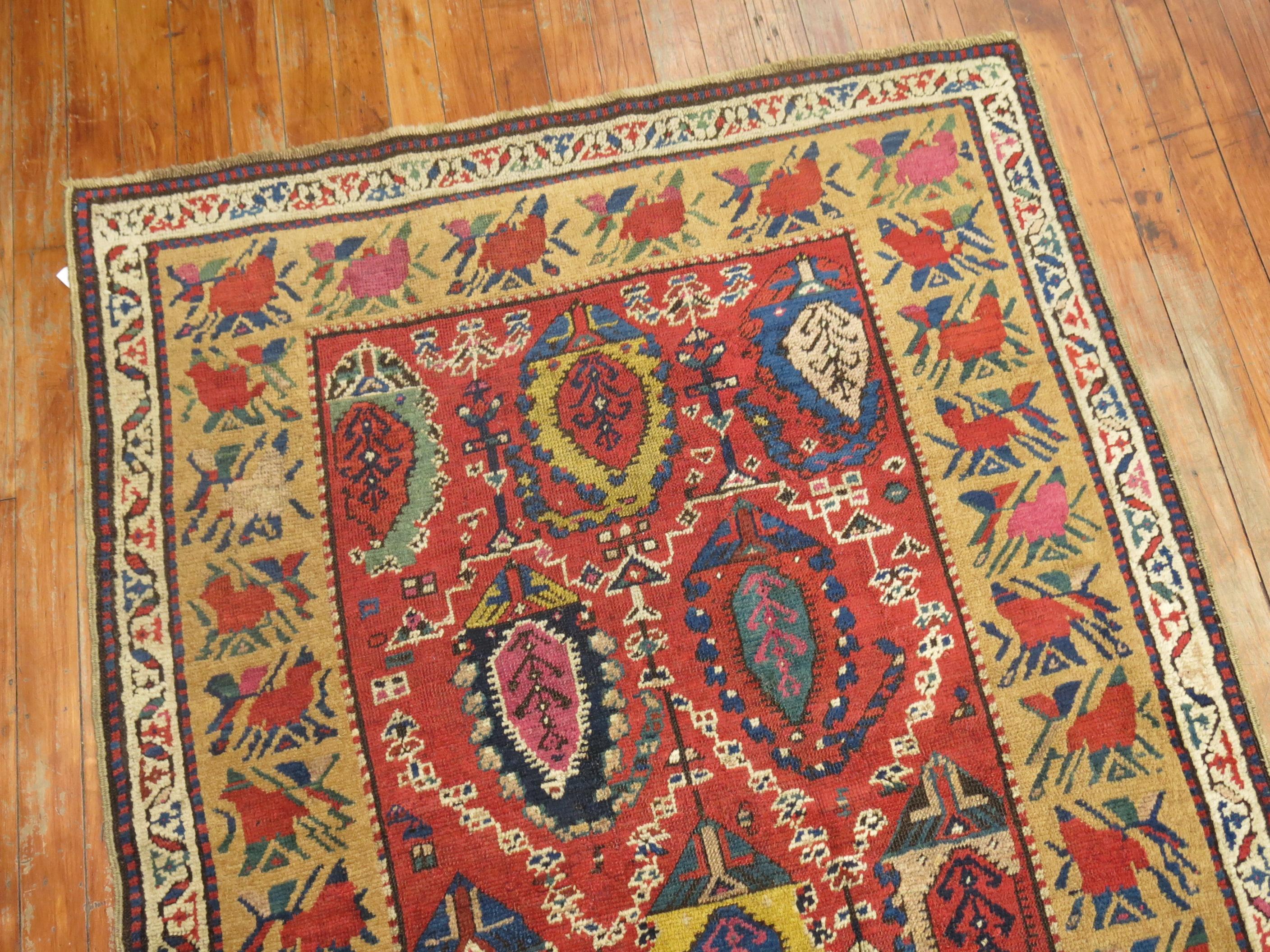 Hand-Woven Traditional Colorful Early 20th Century Antique Karabagh Caucasian Runner For Sale