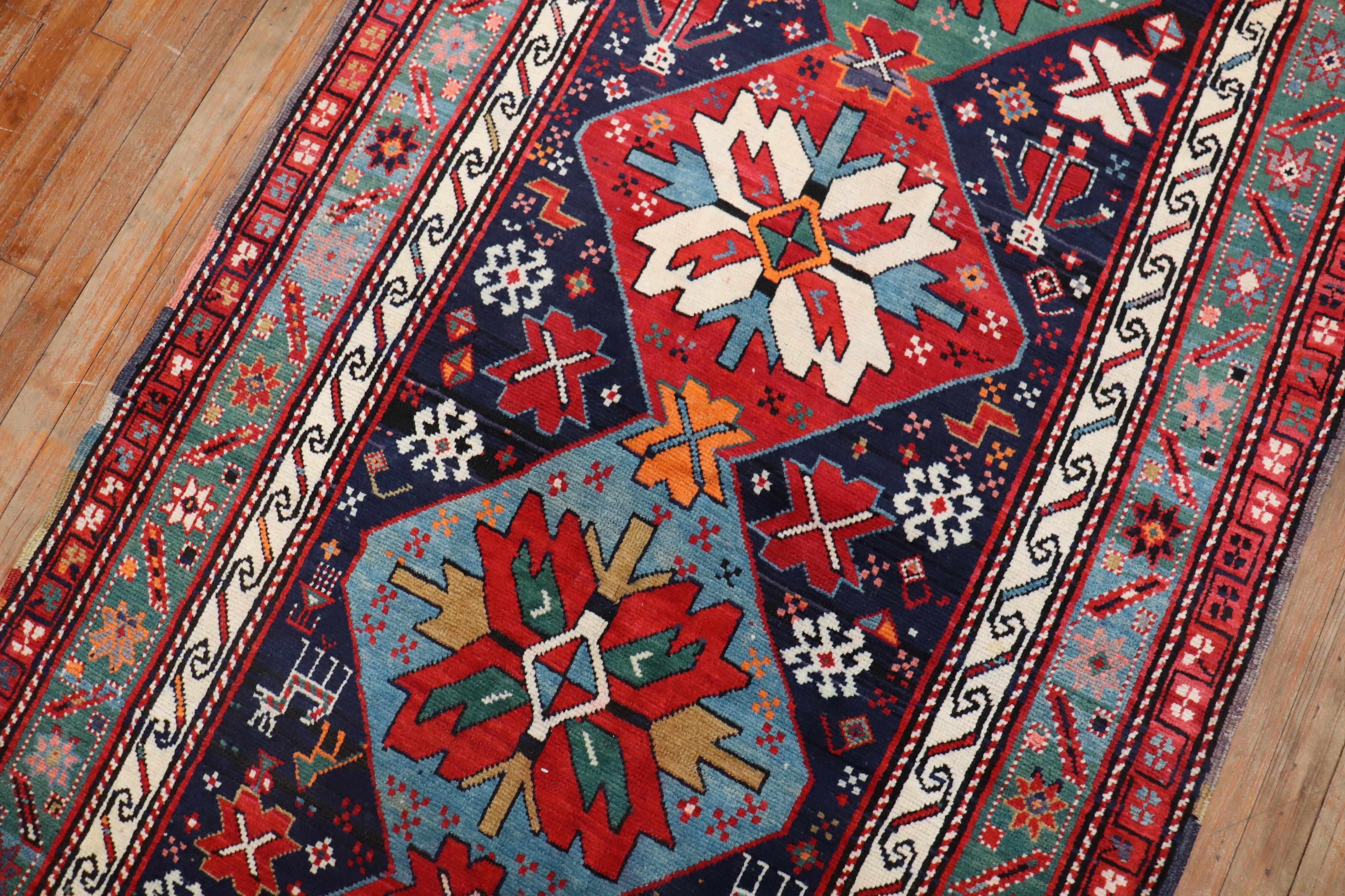 Wool Traditional Colorful Early 20th Century Antique Karabagh Caucasian Runner