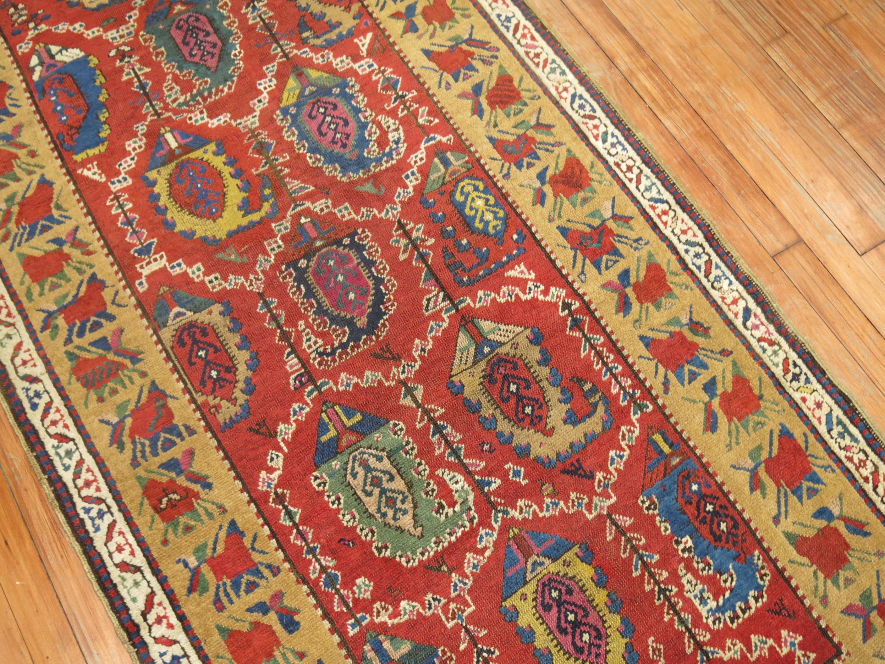 Wool Traditional Colorful Early 20th Century Antique Karabagh Caucasian Runner For Sale