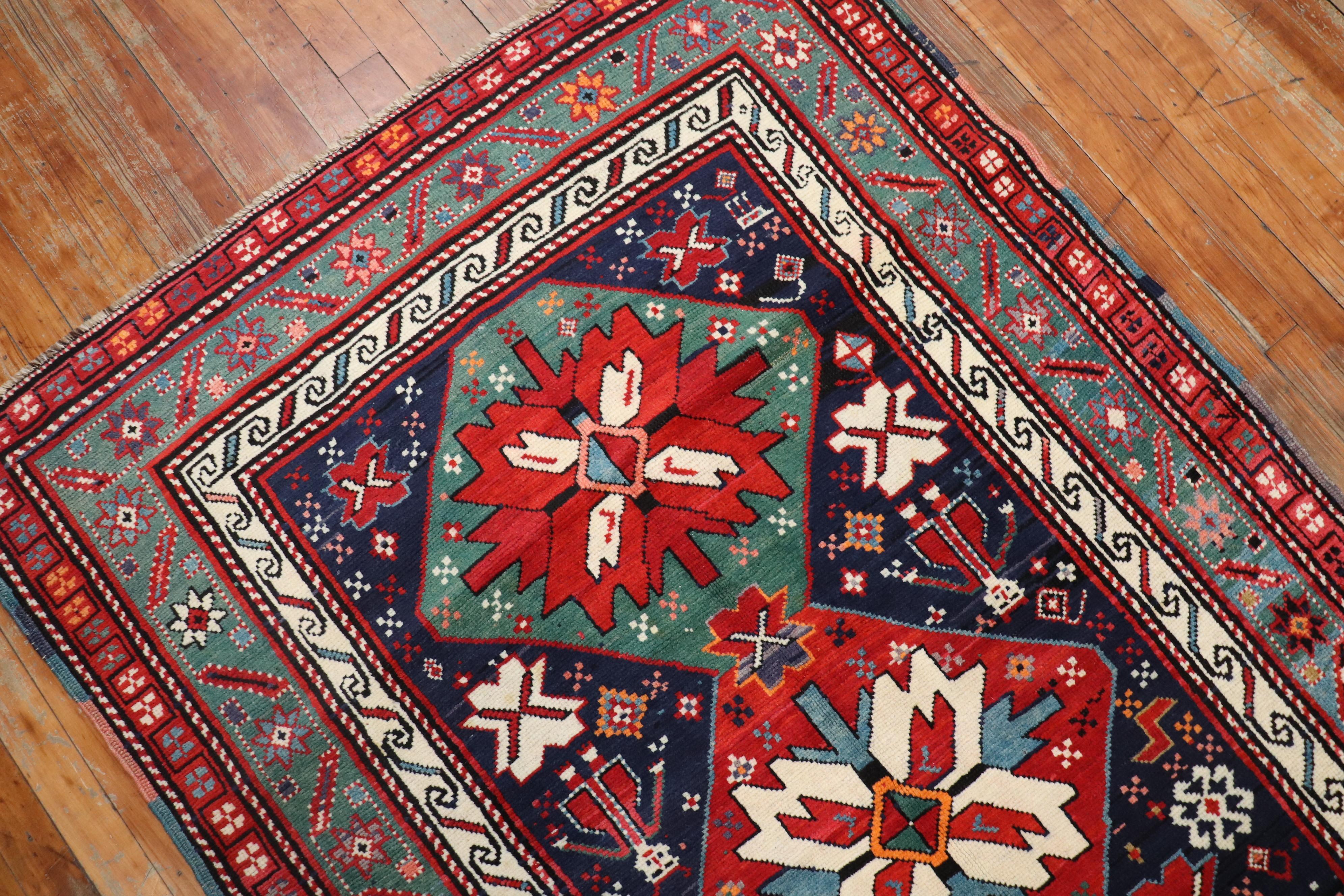 Traditional Colorful Early 20th Century Antique Karabagh Caucasian Runner 1