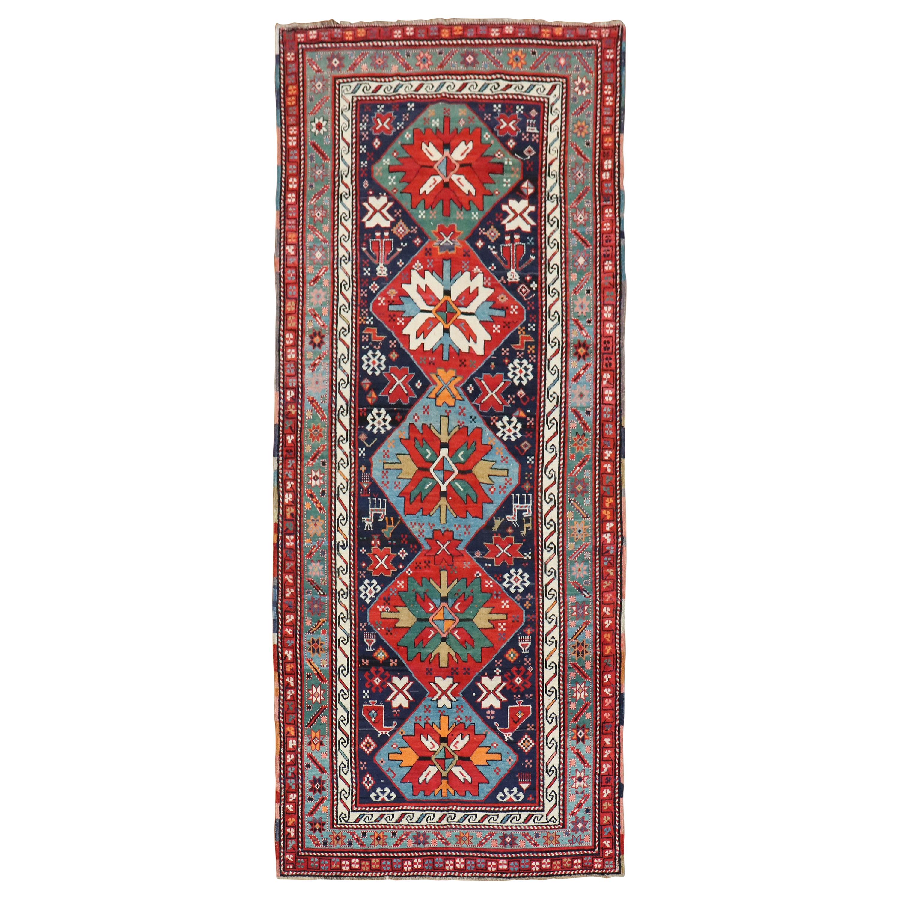Traditional Colorful Early 20th Century Antique Karabagh Caucasian Runner
