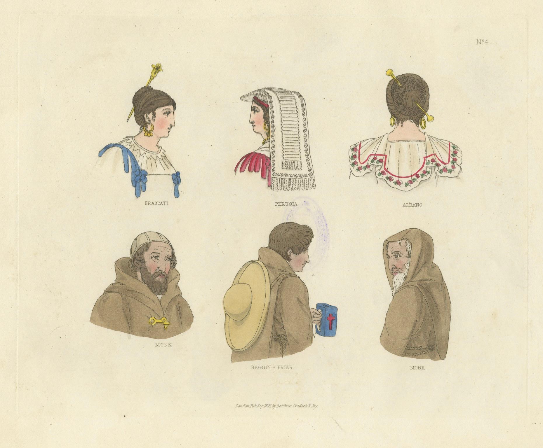 Papier Costumes traditionnels de Frascati, Pérouse, Albano et des ordres monastiques - 1823 en vente