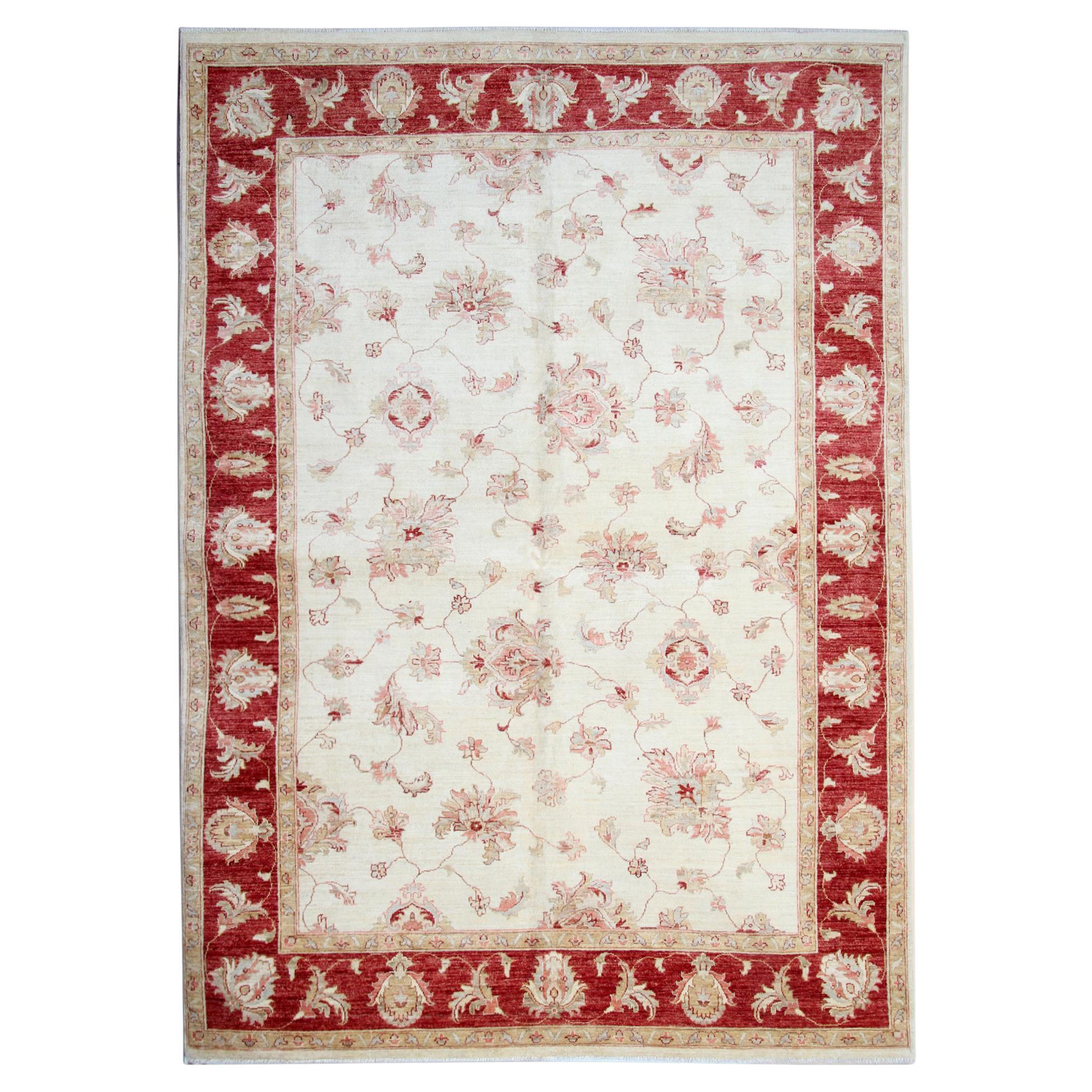 Traditional Cream Red Ziegler Carpet Handmade Wool Oriental Area Rug For Sale