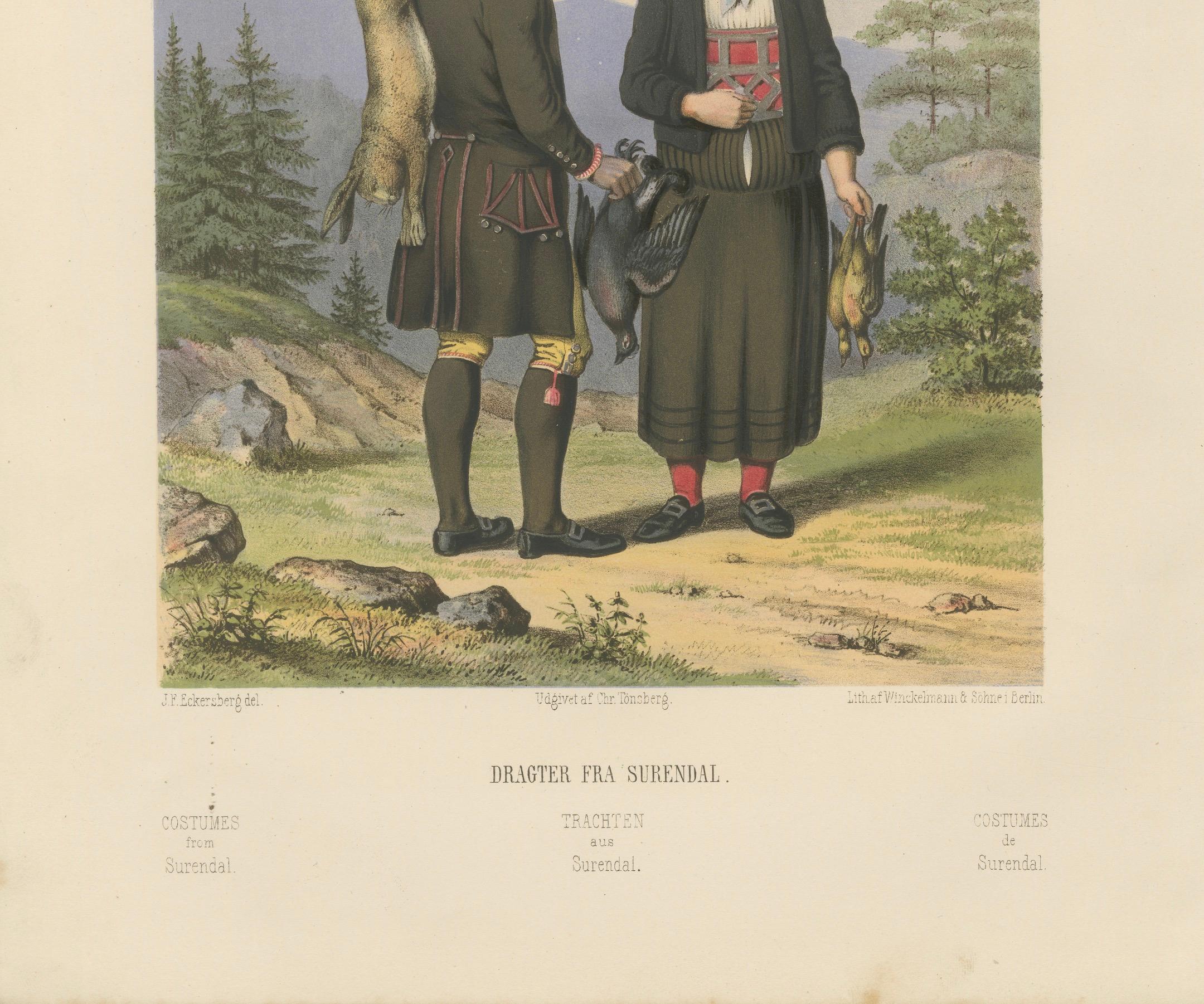 Norwegian Folk Costumes from Surendal – Tonsberg Edition, 1860s

This engaging 19th-century chromolithograph depicts a couple in traditional costume from Surendal (modern-day Surnadal), a region in central Norway known for its mountainous terrain