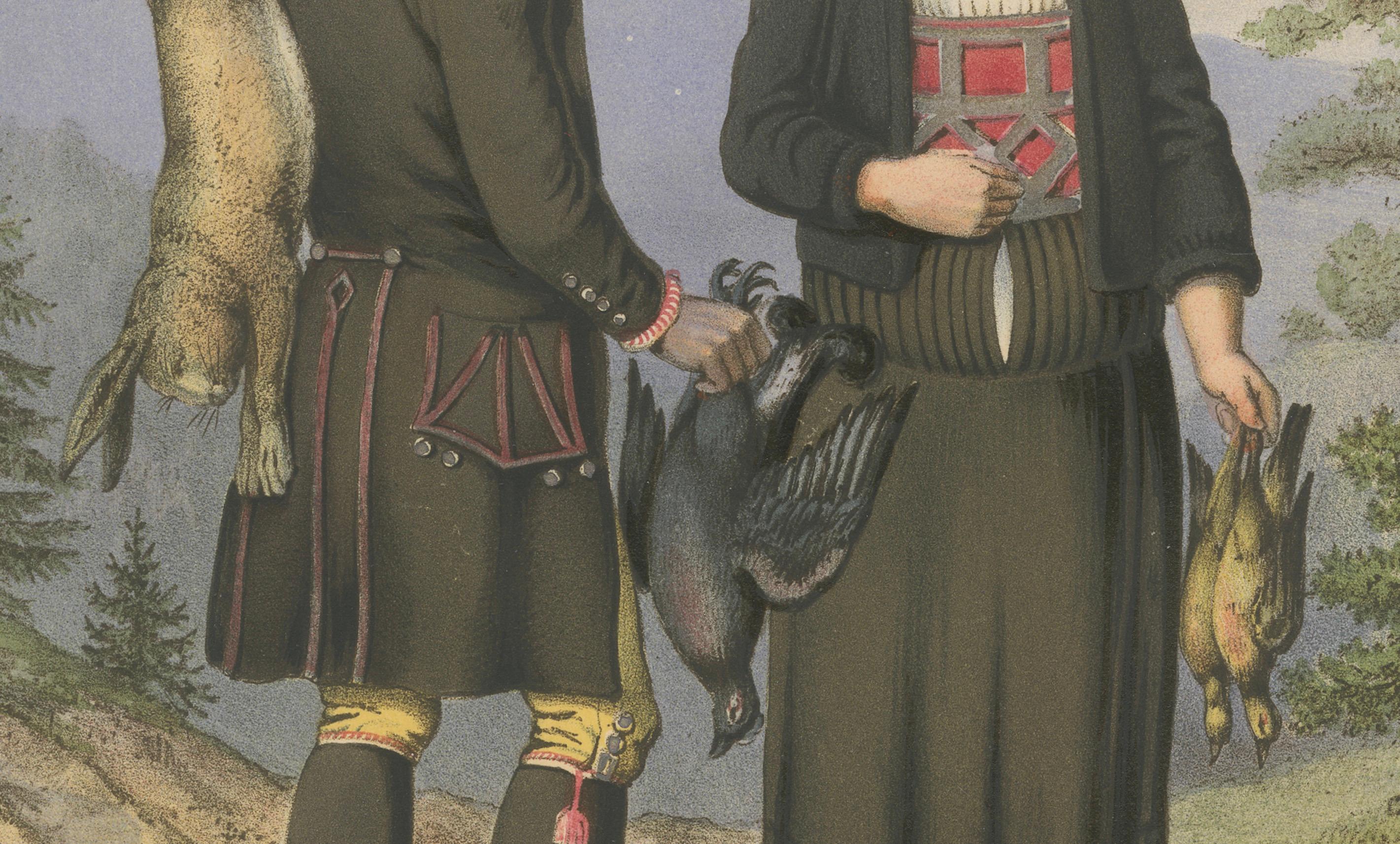 Tedesco Traditional Dress from Surendal, Norway – Hunting Scene, 19th Century Print in vendita