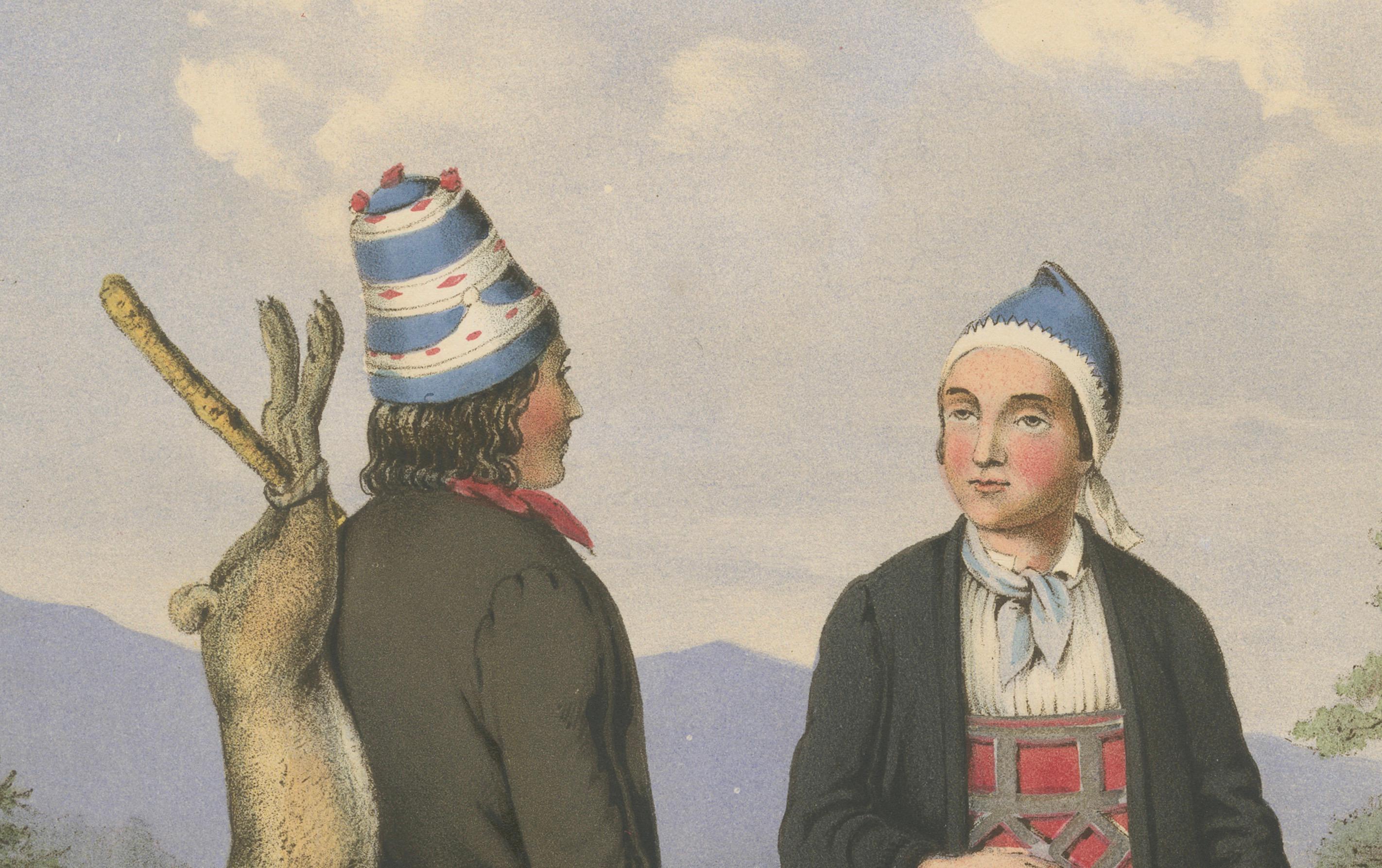 Traditional Dress from Surendal, Norway – Hunting Scene, 19th Century Print In condizioni buone in vendita a Langweer, NL