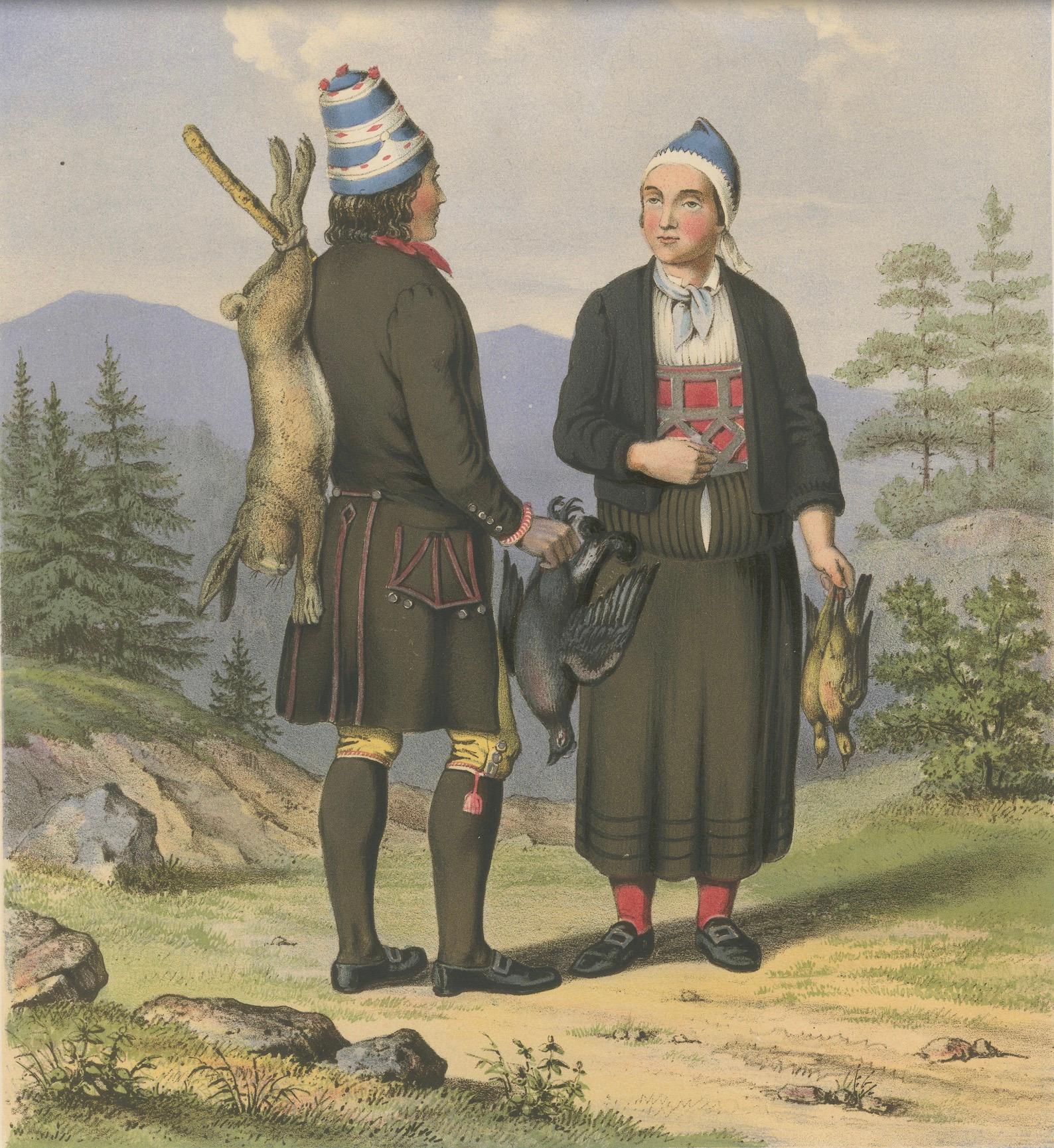 Metà XIX secolo Traditional Dress from Surendal, Norway – Hunting Scene, 19th Century Print in vendita