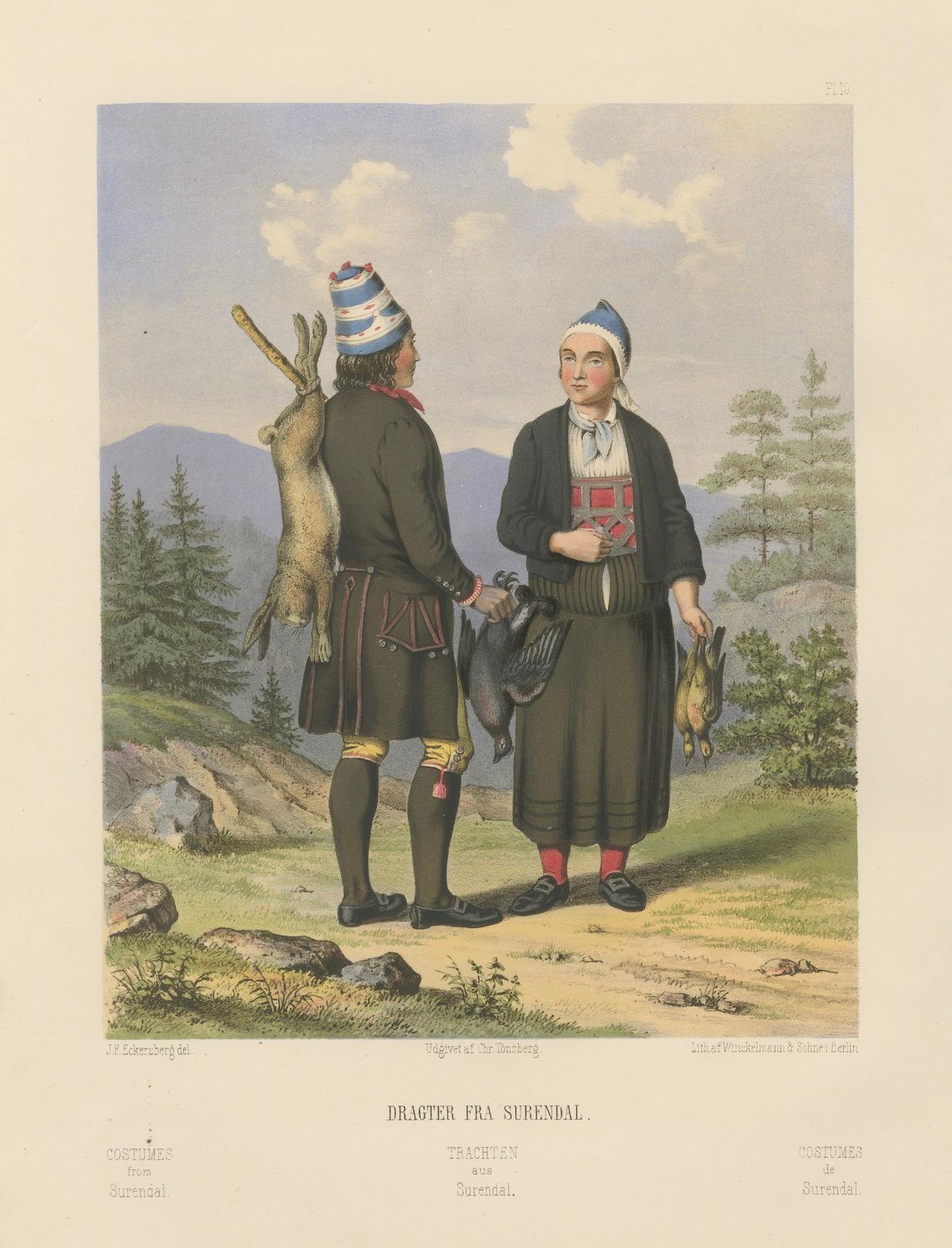 Carta Traditional Dress from Surendal, Norway – Hunting Scene, 19th Century Print in vendita