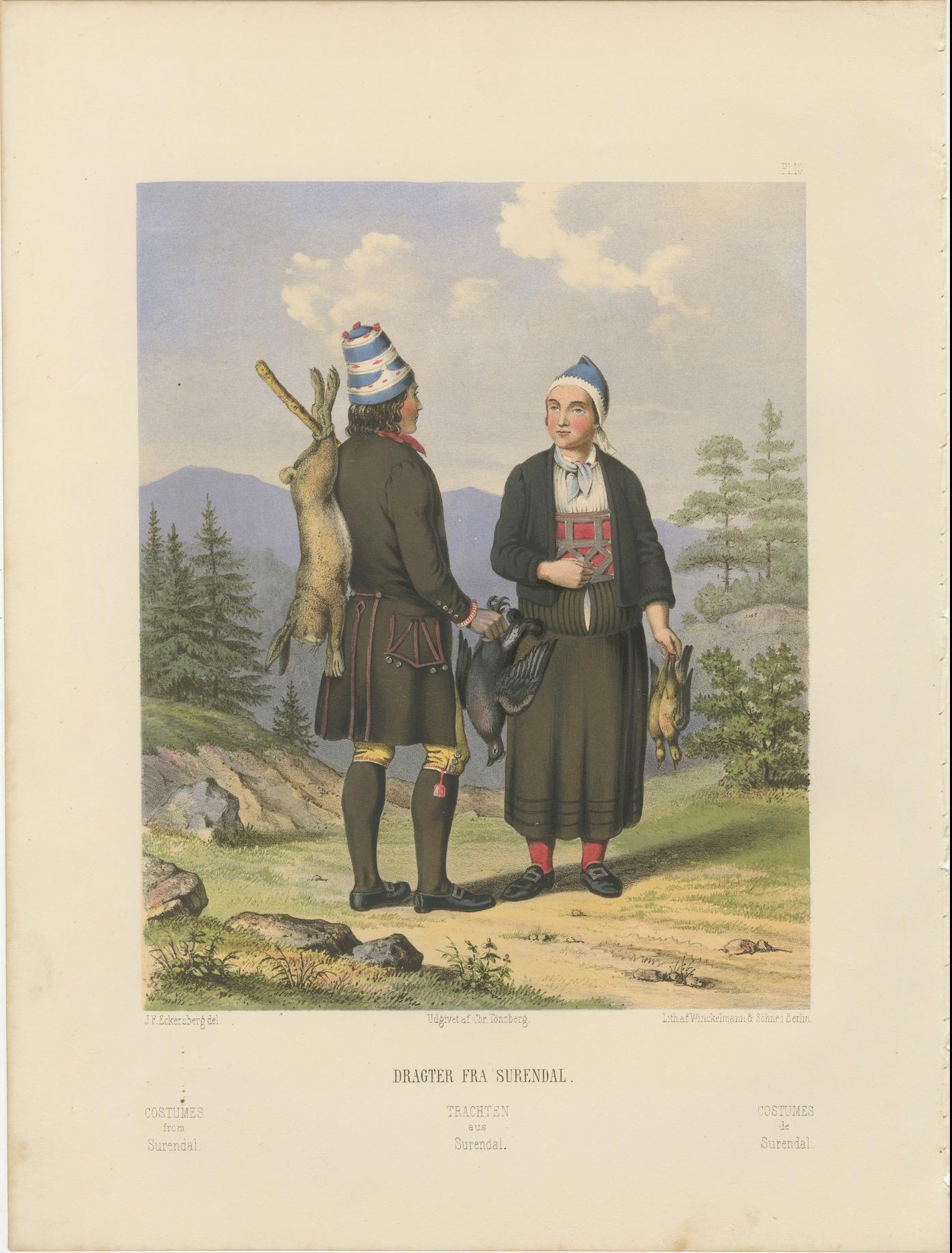 Traditional Dress from Surendal, Norway – Hunting Scene, 19th Century Print in vendita 1