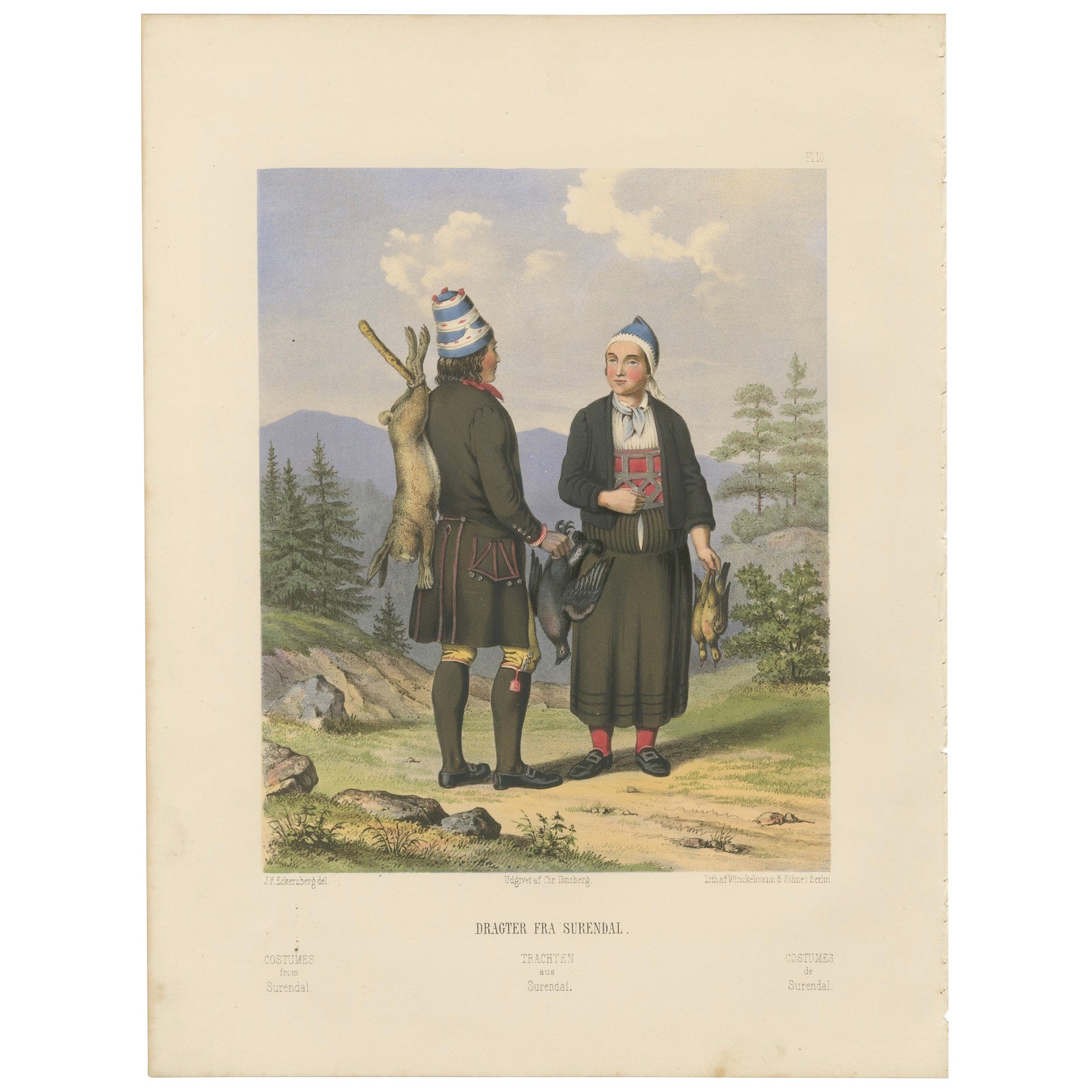 Traditional Dress from Surendal, Norway – Hunting Scene, 19th Century Print For Sale