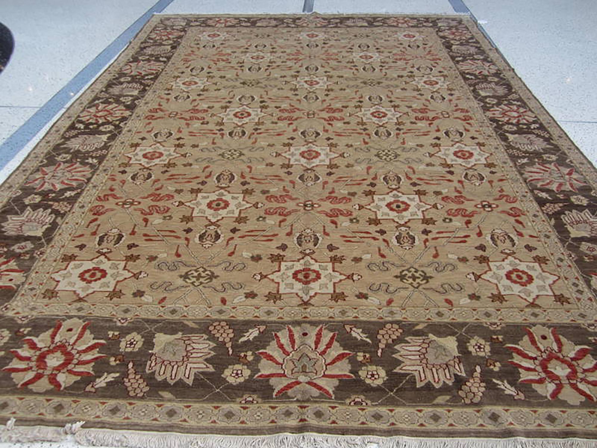 Hand-Knotted Transitional Floral Brown and Sage 10'x14' Rug For Sale