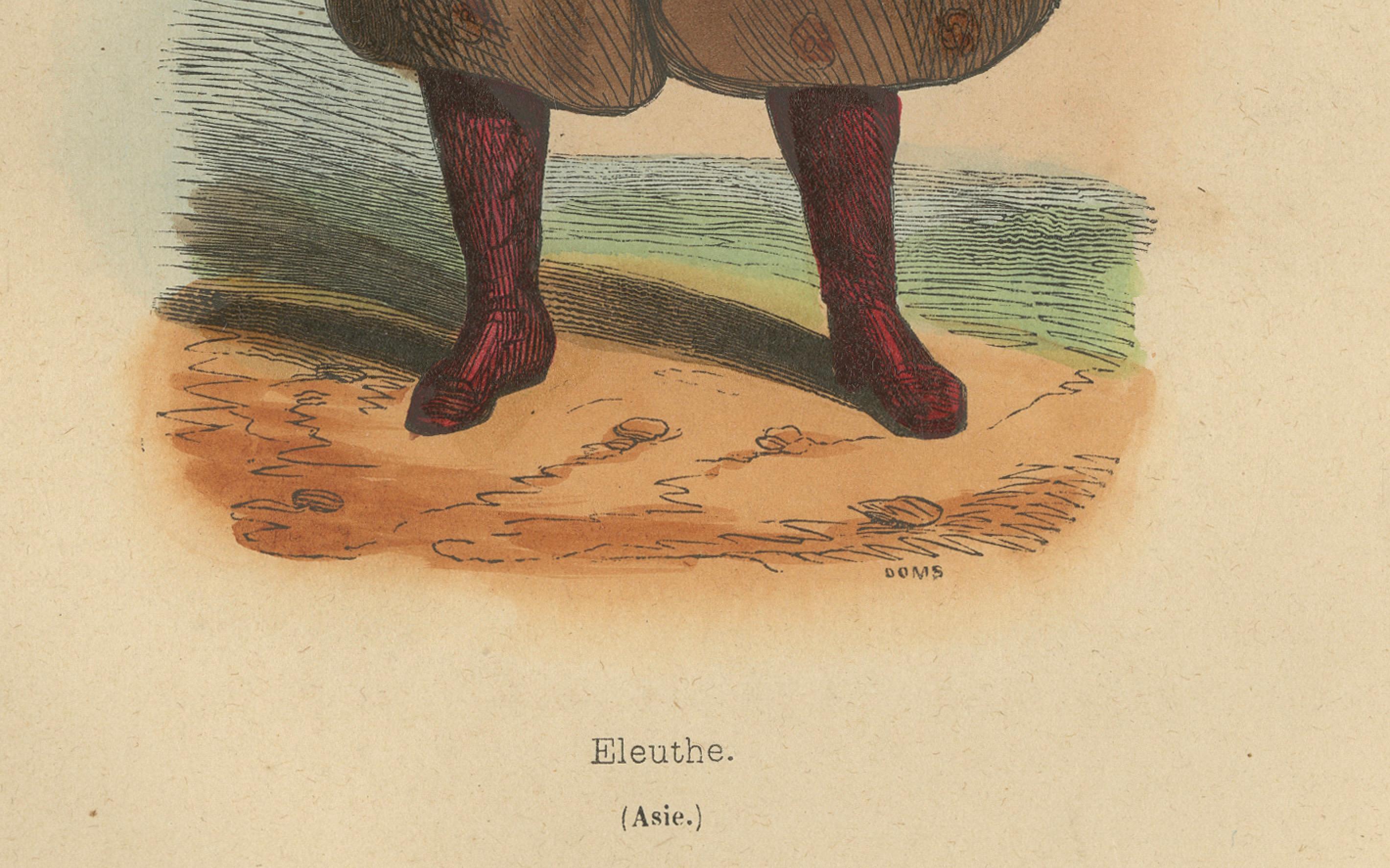 Traditionelle handkolorierte Lithographie „Eleuth Warrior Attire“ aus dem Jahr 1844 im Zustand „Gut“ im Angebot in Langweer, NL