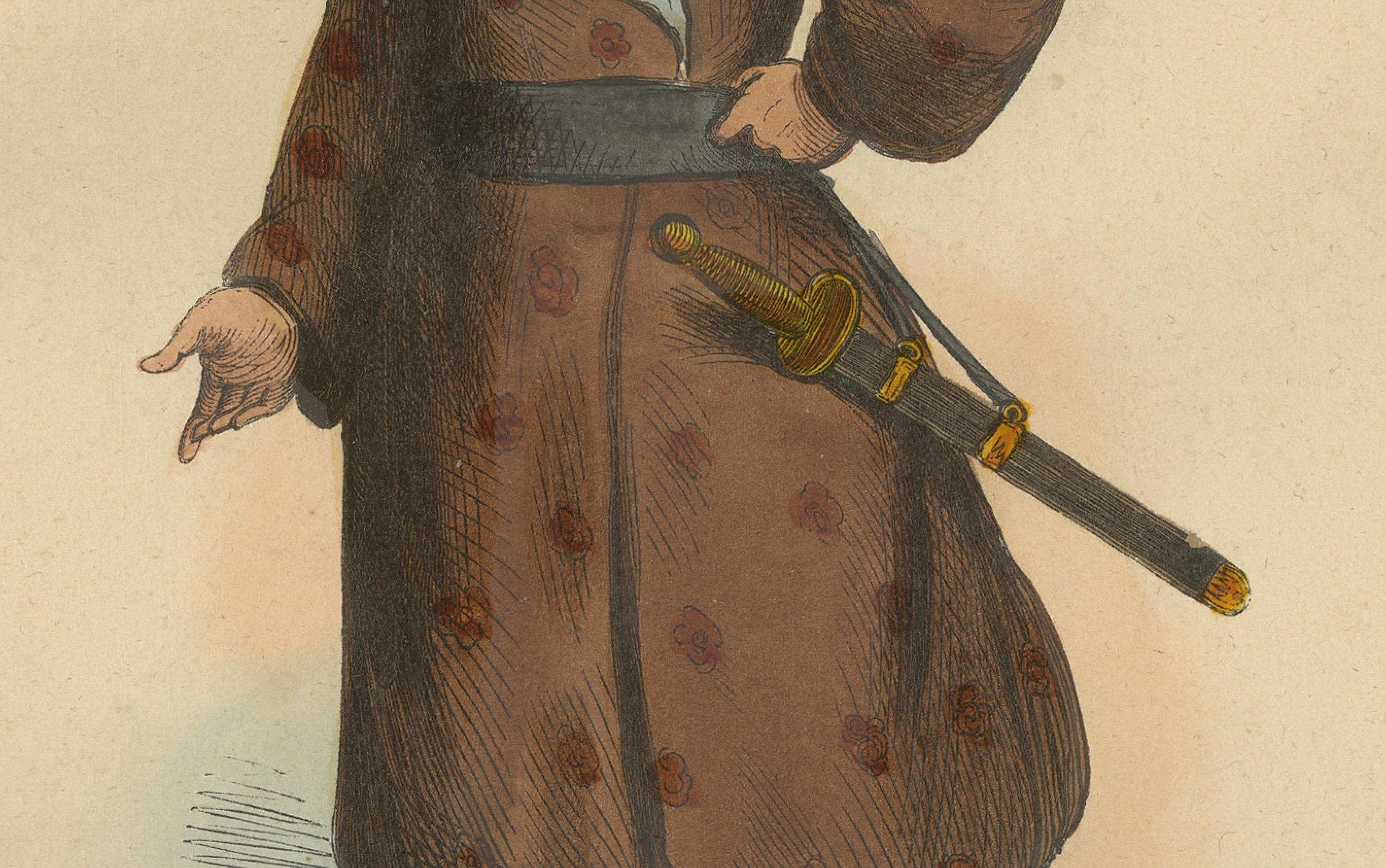 Traditionelle handkolorierte Lithographie „Eleuth Warrior Attire“ aus dem Jahr 1844 (Mittleres 19. Jahrhundert) im Angebot