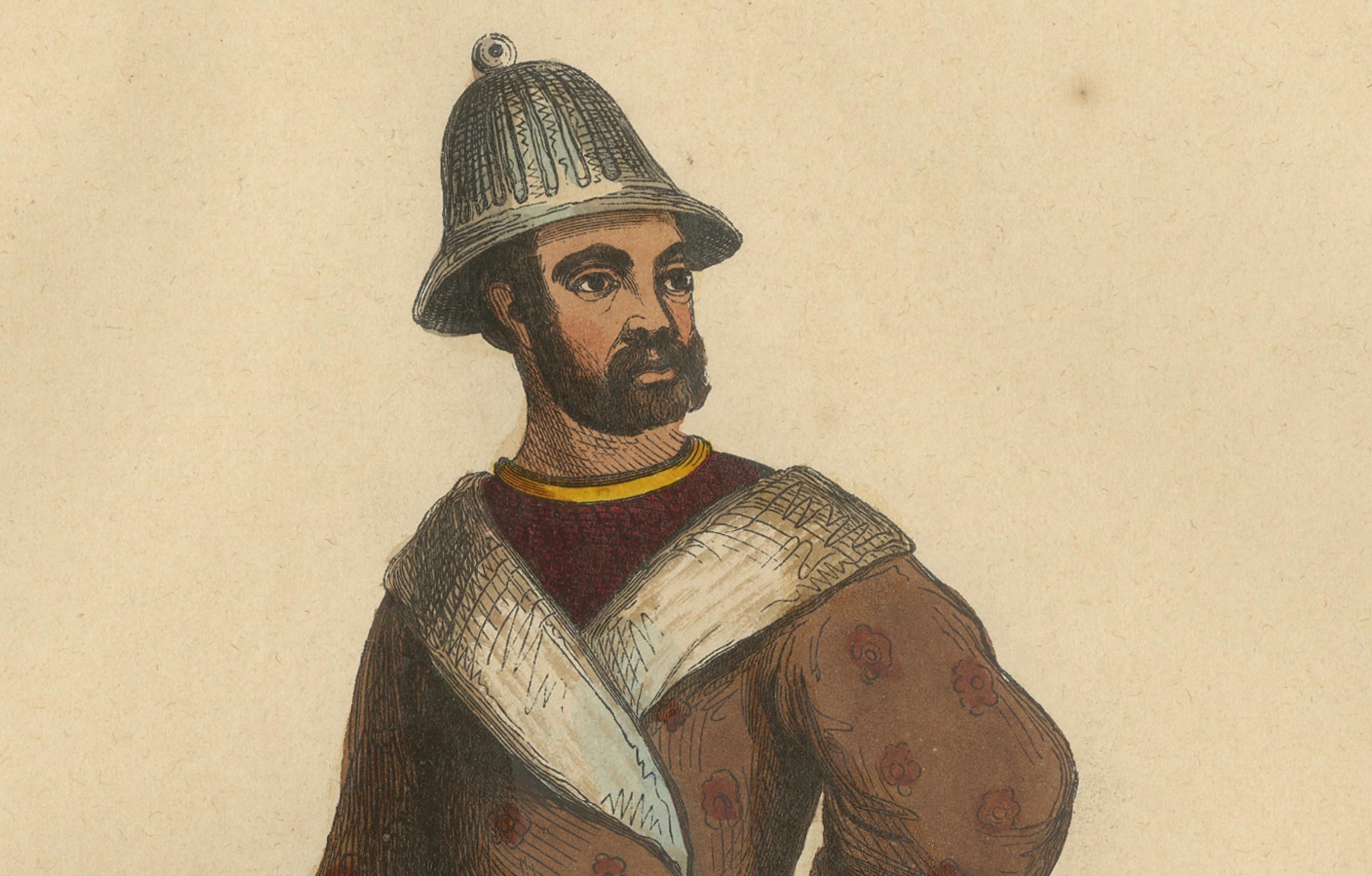 Traditionelle handkolorierte Lithographie „Eleuth Warrior Attire“ aus dem Jahr 1844 (Papier) im Angebot