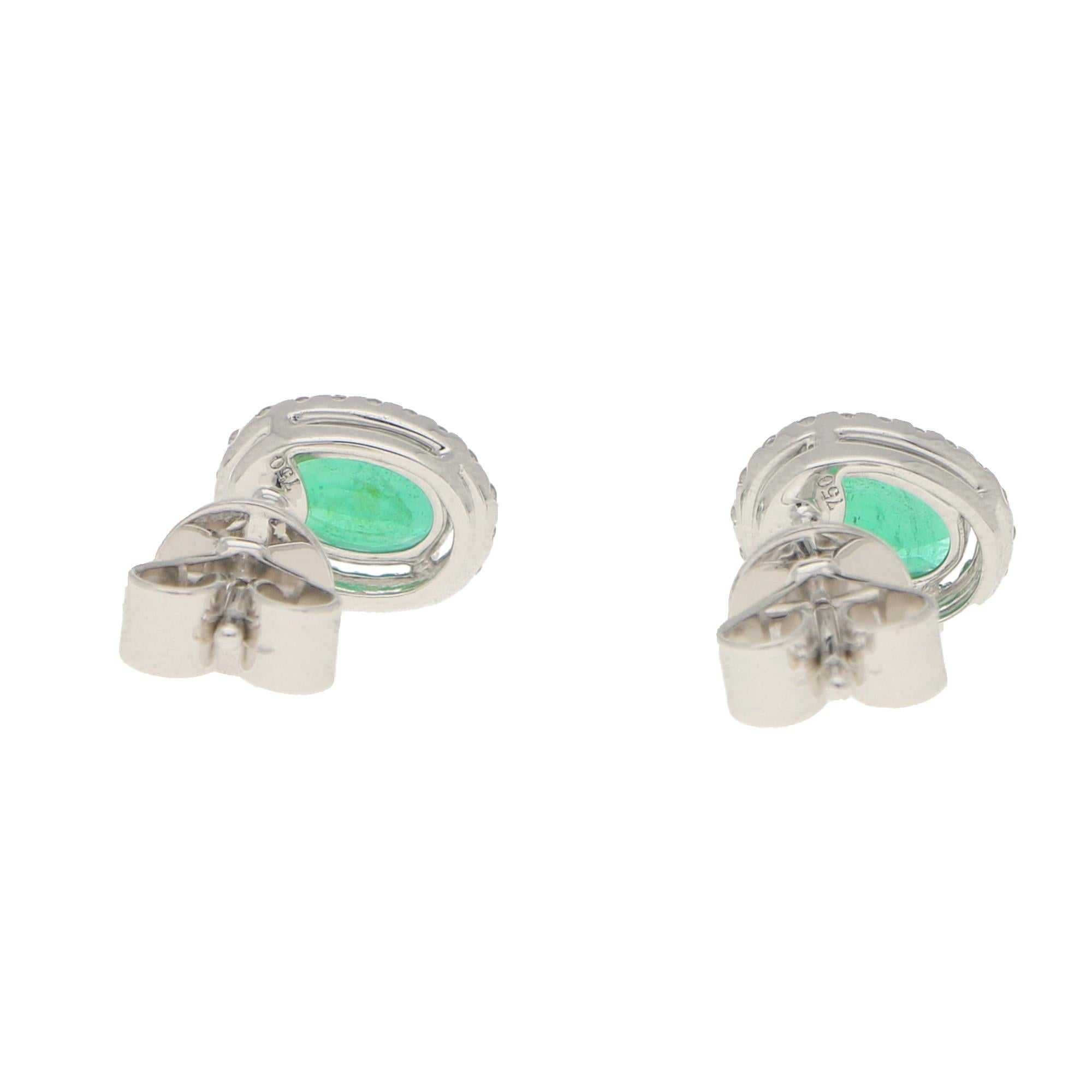 Women's or Men's Traditional Emerald and Diamond Cluster Earrings in 18 Karat White Gold