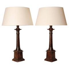Traditional Empire Table lamps French Cast Iron Bronze Beige Linen Shades a Pair