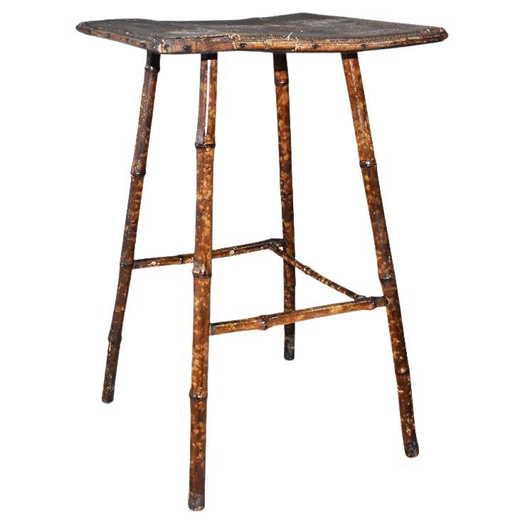 Traditional English Antique Square Burnt Bamboo and Wood Side Table For Sale