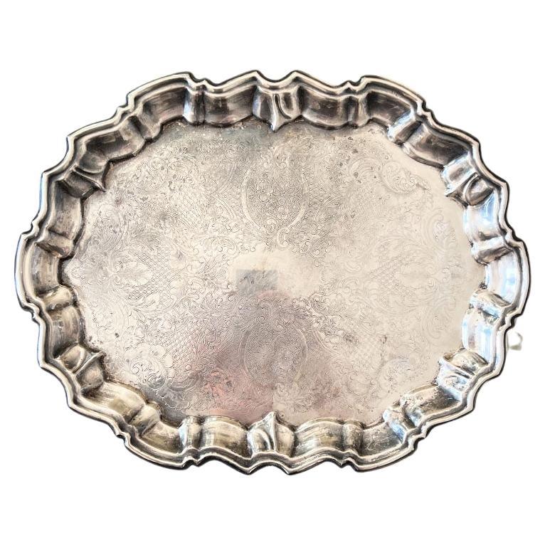 Traditional English Eales 1779 Silverplate Oval Footed Engraved Serving Tray  For Sale