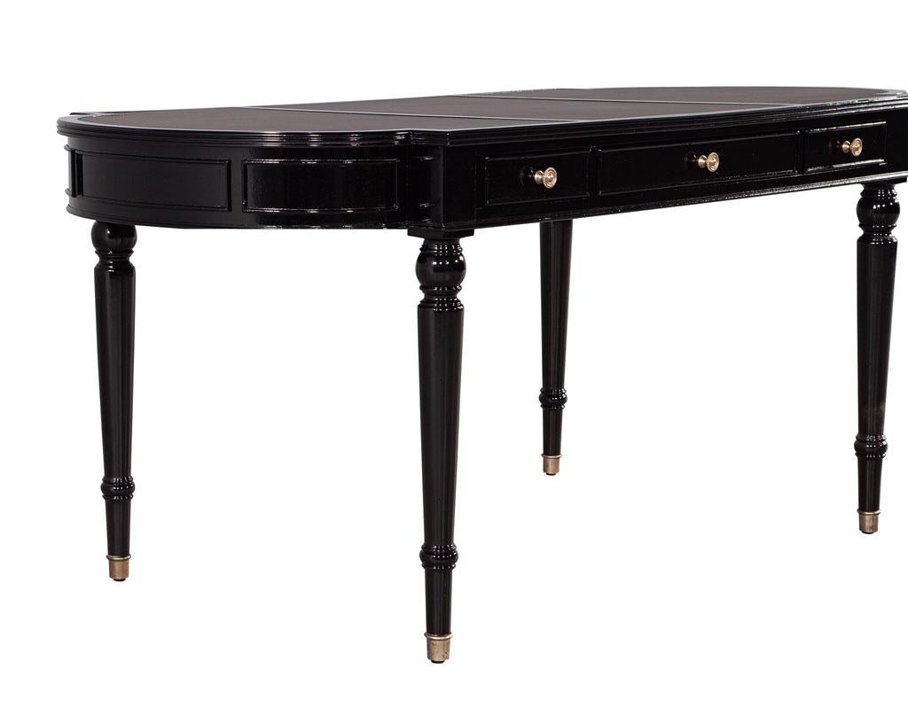 Brass Traditional English Leather Top Black Lacquered Writing Desk For Sale