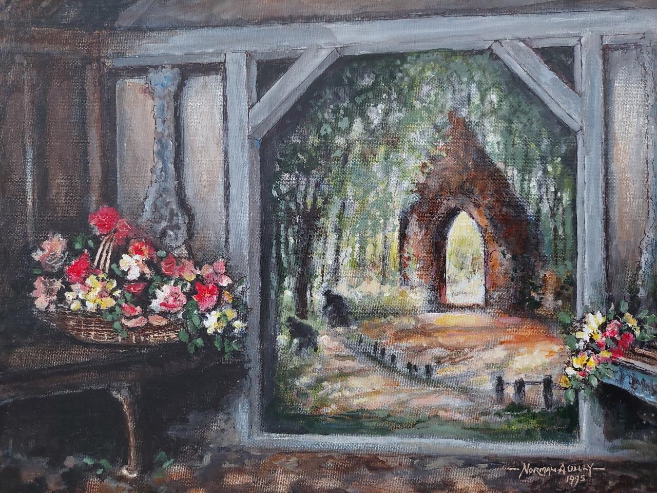 Traditional English Painting A Monastery Garden, England, View from Interior For Sale 1