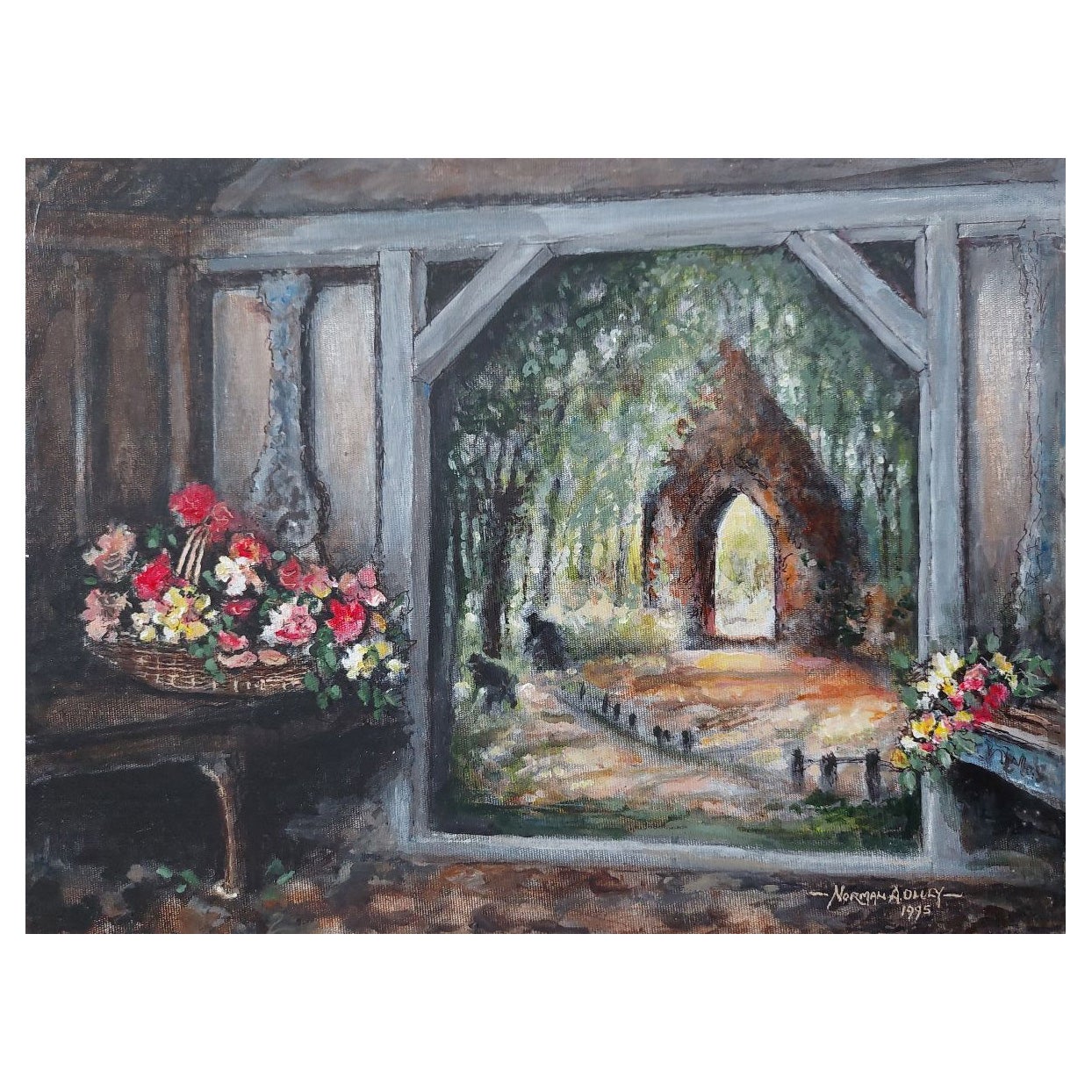 Traditionelles englisches Gemälde, „A Monastery Garden“, England, Ansicht aus der Inneneinrichtung