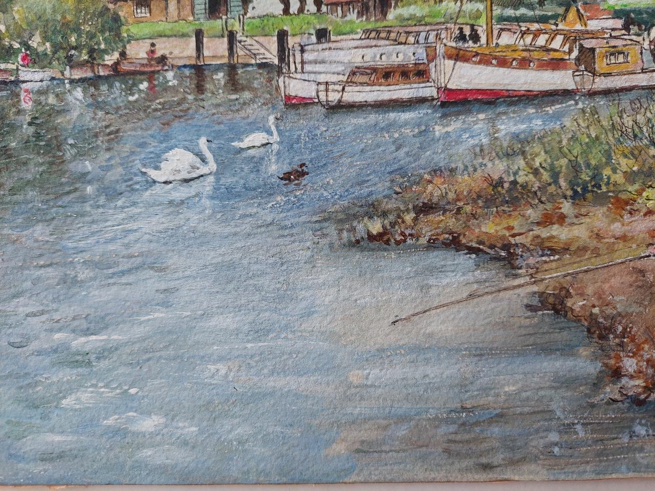 Traditional English Painting Angler Fishing at Teddington, London England For Sale 4