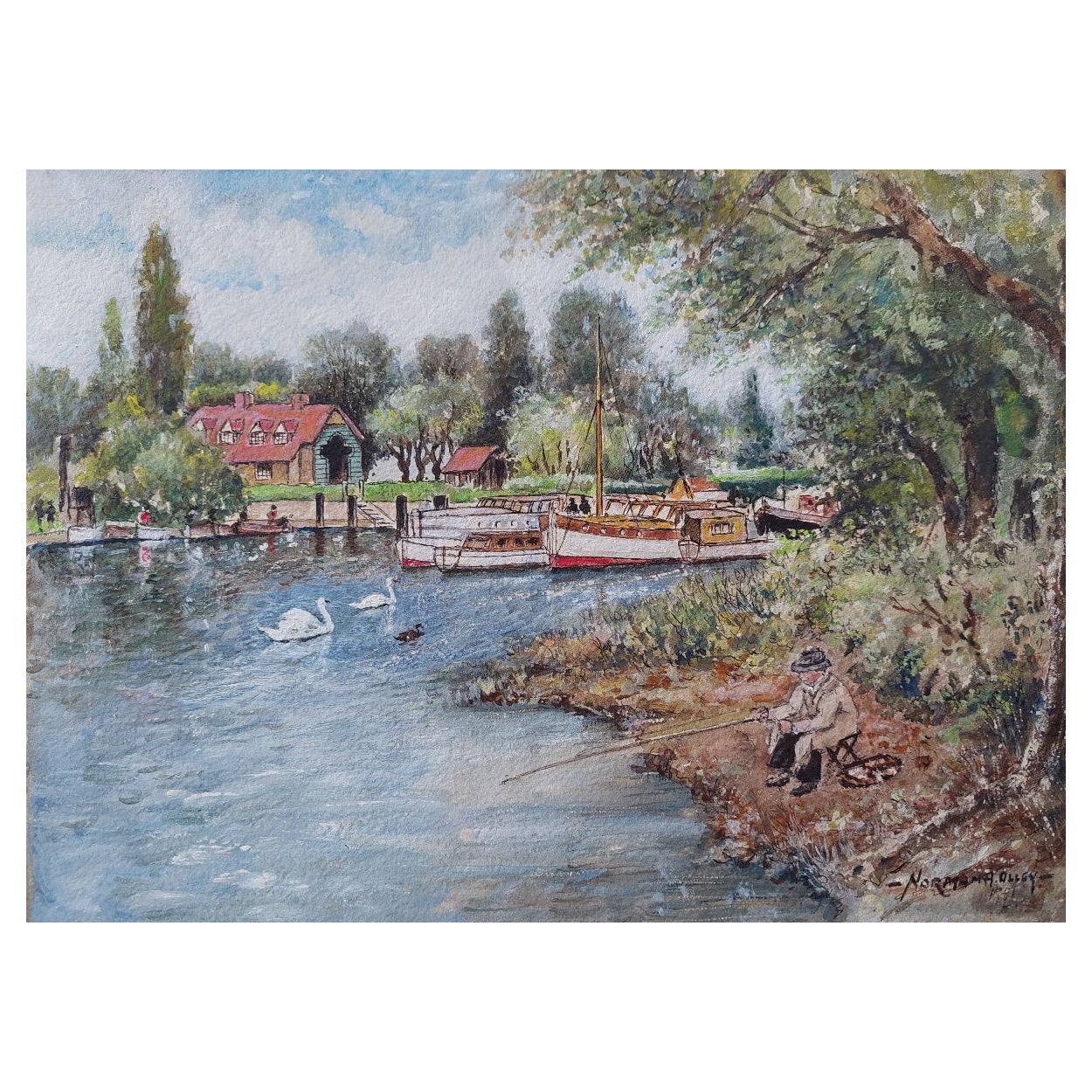 Traditionelles englisches Gemälde Angler-Fischen in Teddington, London, England
