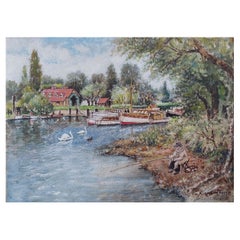 Traditionelles englisches Gemälde Angler-Fischen in Teddington, London, England