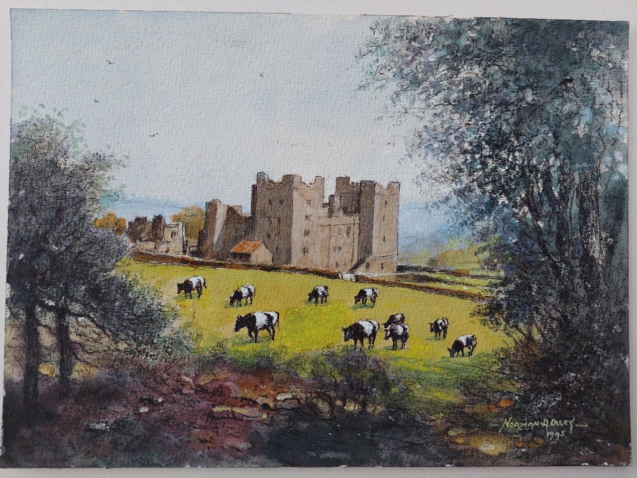 Artisten/Schule: Norman A. Olley ( Britisch, 20. Jahrhundert, 1908-1996), 1995, auf der Vorderseite signiert und verso beschriftet

Titel - Schloss Bolton, Yorkshire, England. Rinder, die auf den Feldern unterhalb des mittelalterlichen Bolton