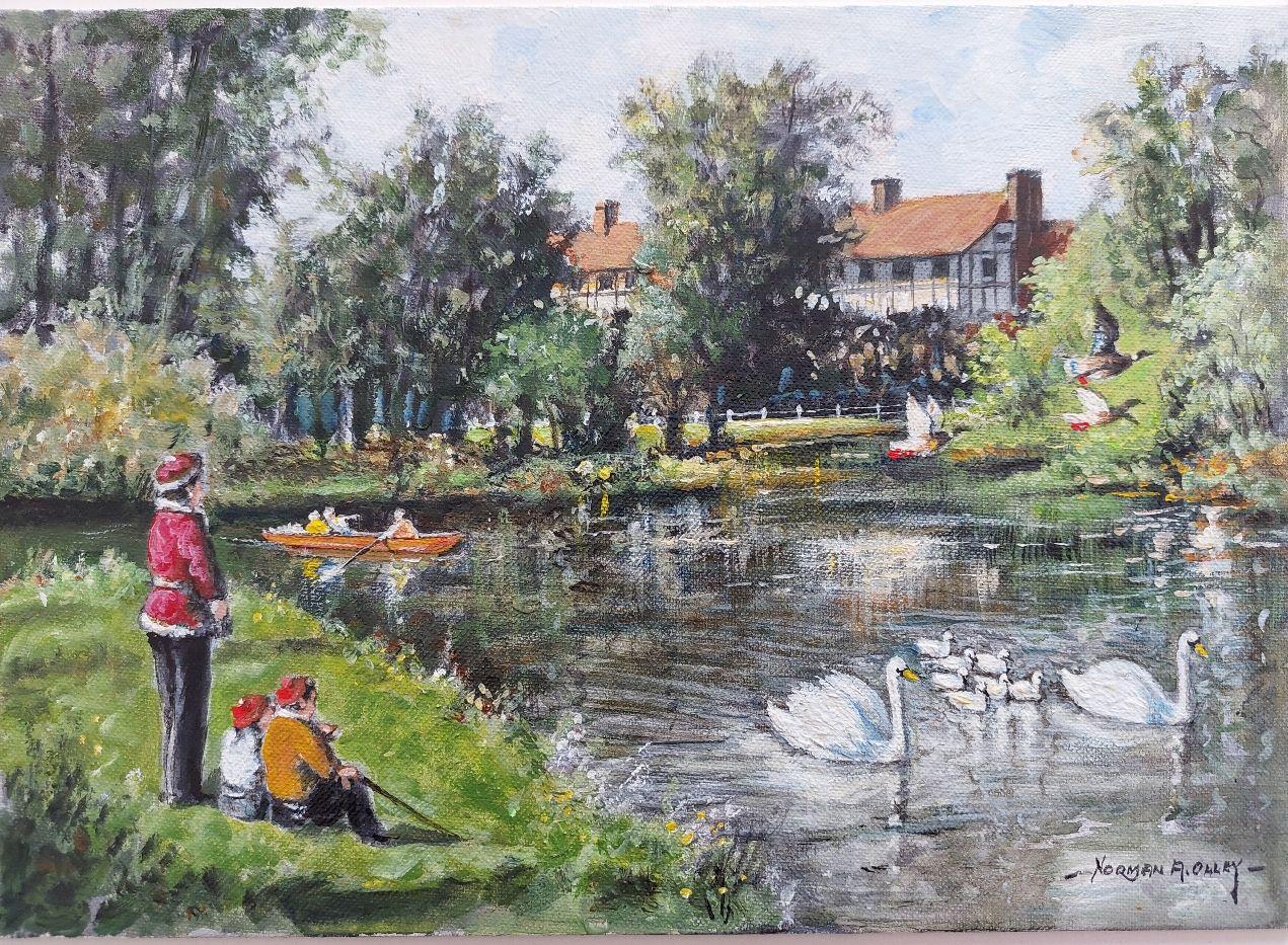 Artist/ School: Norman A. Olley ( British, 20th Century, 1908-1996), undated, signed to the front and inscribed verso

Title - By the River Mole, East Molesey, Surrey, England
Figures on the river bank watching a rowing boat and swans with their