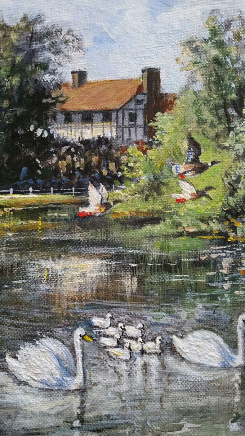 Traditionelles englisches Gemälde am Fluss Mole, East Molesey, Surrey, England (20. Jahrhundert) im Angebot