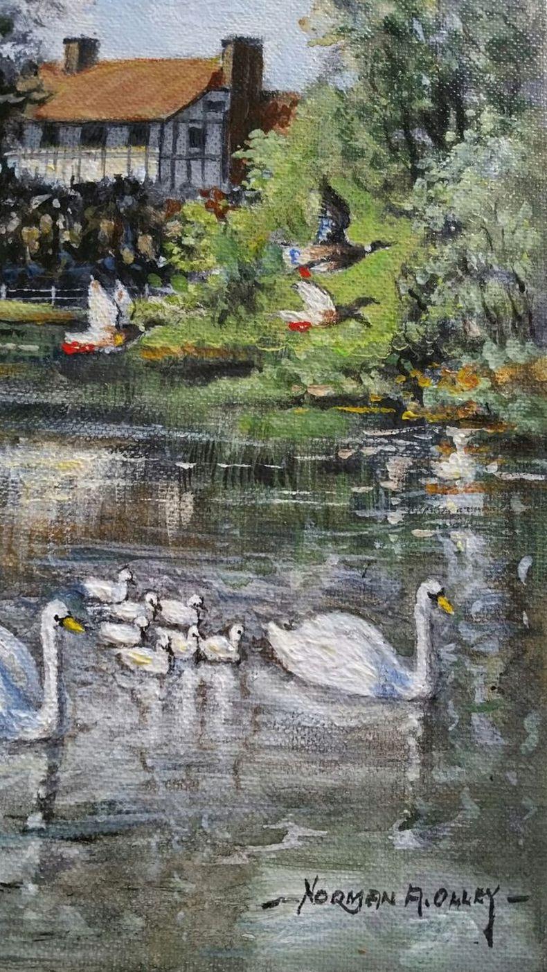 Peinture anglaise traditionnelle de la rivière Mole, East Molesey, Surrey, Angleterre en vente 1