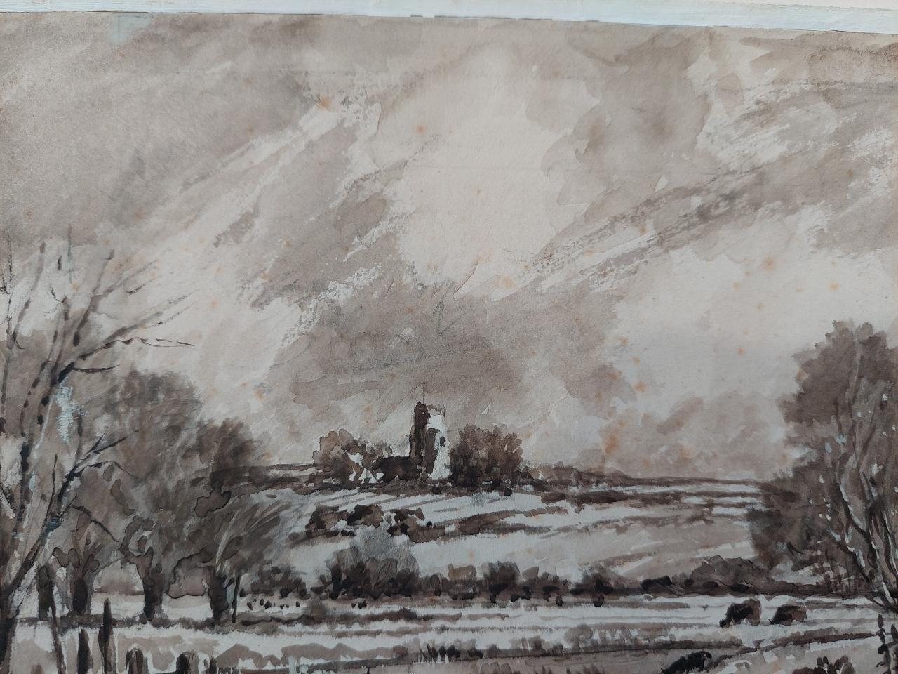 Artista/ Escuela: Norman A. Olley ( británico, siglo XX, 1908-1996), c.1990, firmado en el anverso e inscrito en el reverso

Título - Chalk Church from Fulborough Marshes near Gravesend, Kent. Encantadora escena rural vista desde las marismas