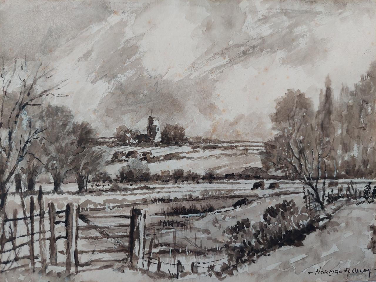 Traditional English Painting Chalk Church from Fulborough Marshes in Kent For Sale 1