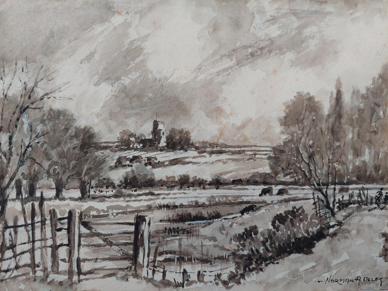 Pintura inglesa tradicional Iglesia de Tiza de Fulborough Marshes en Kent Otro en venta