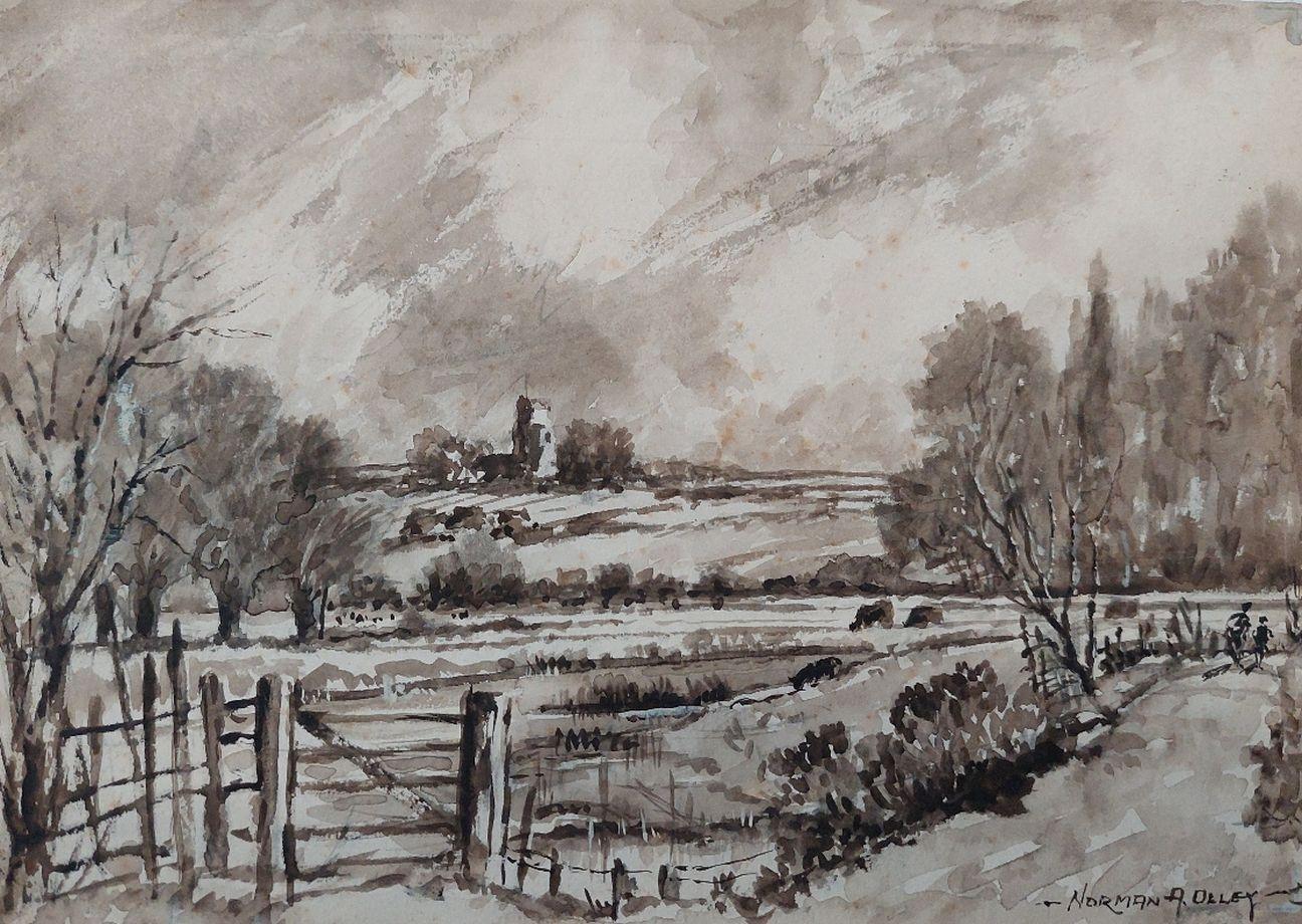 Traditional English Painting Chalk Church from Fulborough Marshes in Kent For Sale 2