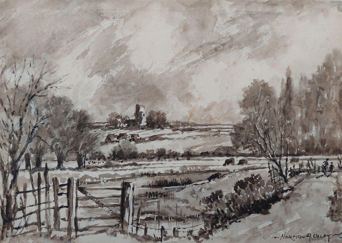 Pintura inglesa tradicional Iglesia de Tiza de Fulborough Marshes en Kent en venta 1