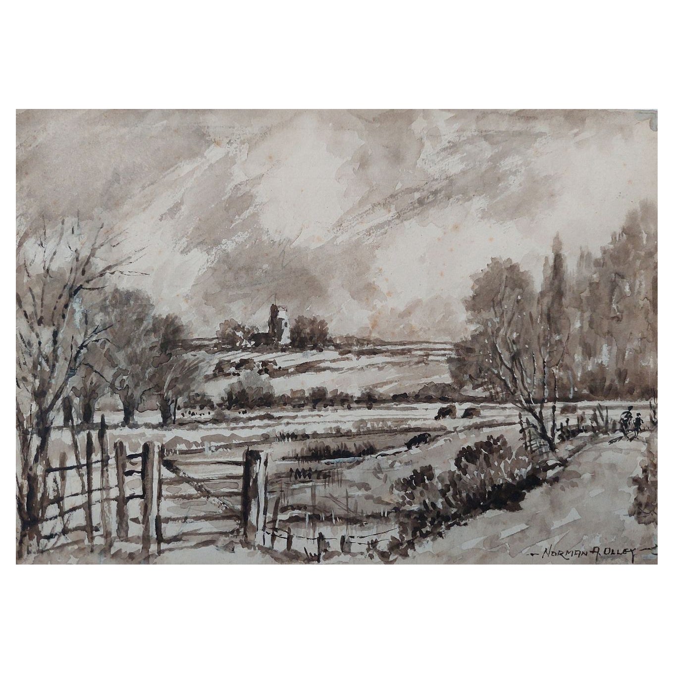 Peinture anglaise traditionnelle d'une église en Chalk provenant de Fulborough Marshes dans le Kent en vente