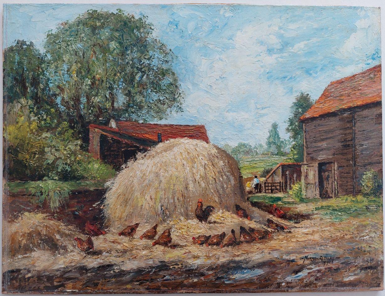 Artisten/Schule: Norman A. Olley ( Britisch, 20. Jahrhundert, 1908-1996), datiert 1990, auf der Vorderseite signiert und verso beschriftet

Titel - Sonnenschein nach dem Regen, Manor Farm, Thames Ditton, Surrey, England. Ein farbenprächtiges Bild