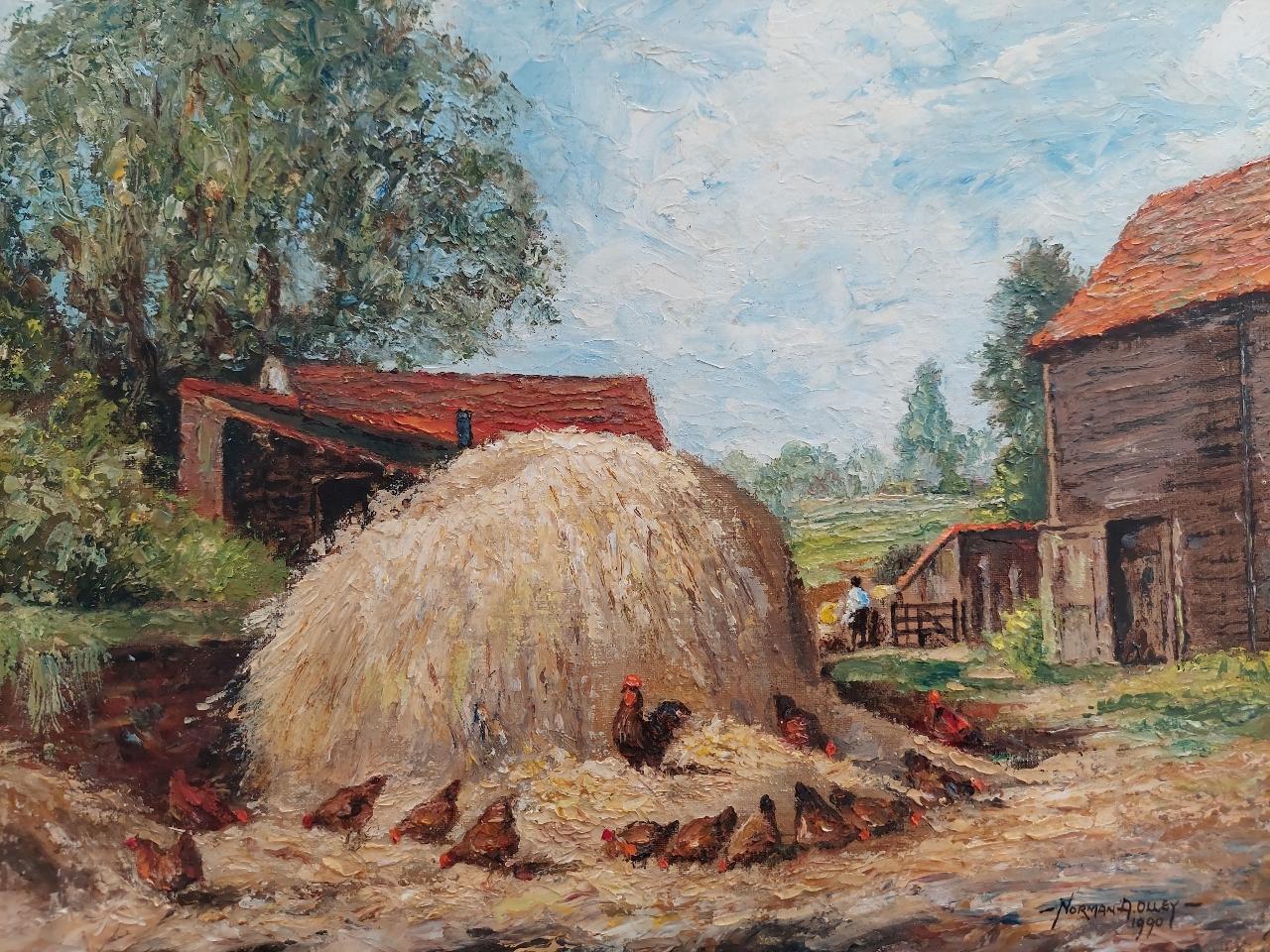 Traditional English Painting Chickens at Farm in Thames Ditton Surrey In Excellent Condition For Sale In Cirencester, GB