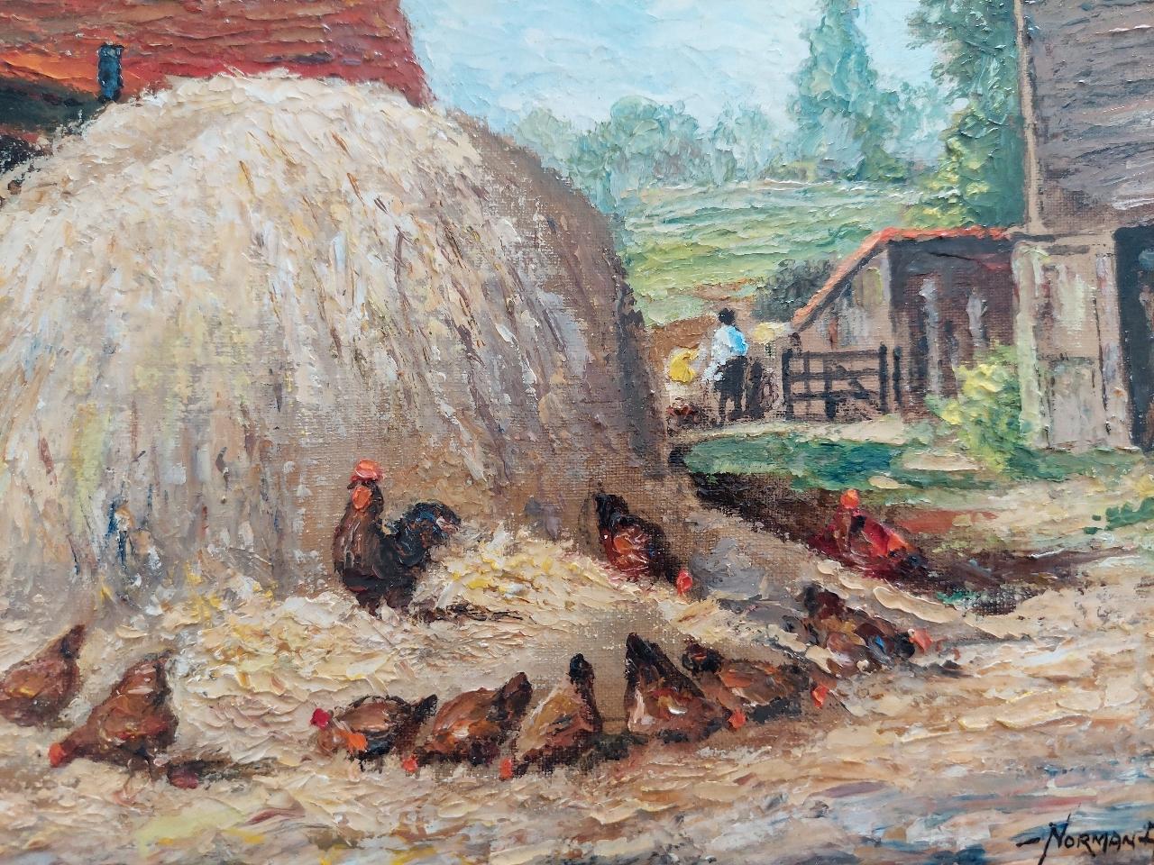 Traditionelles englisches Gemälde von Hühnern auf der Farm in Thames Ditton Surrey (20. Jahrhundert) im Angebot
