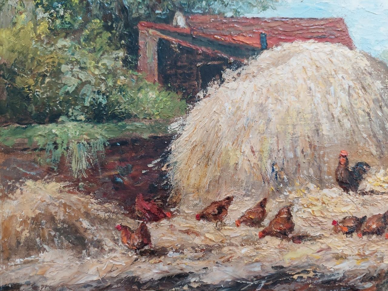 Traditionelles englisches Gemälde von Hühnern auf der Farm in Thames Ditton Surrey im Angebot 2